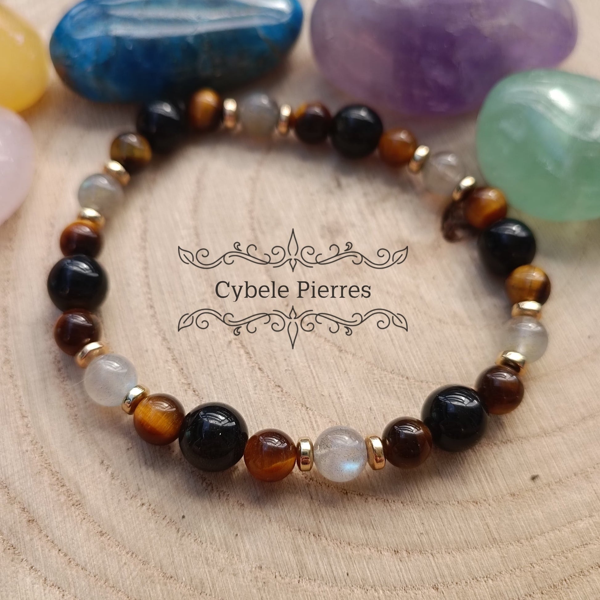 Bracelet Super Protection - Oeil de tigre, Obsidienne dorée et Labradorite (6 et 8mm) - 19cm - Cybele Pierres