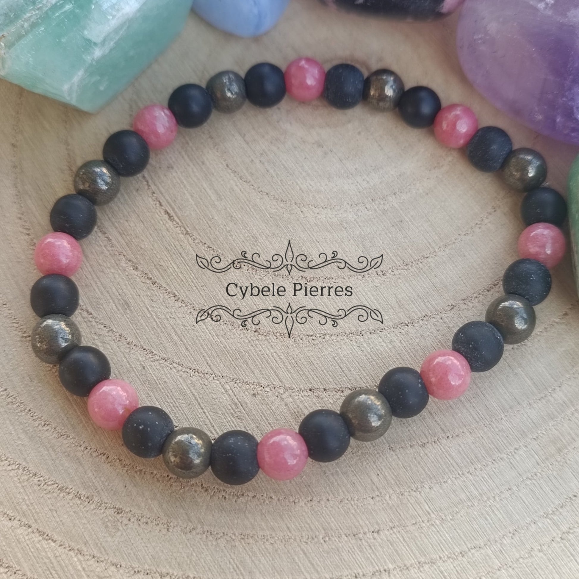 Bracelet Ténacité - Thulite, Pyrite et Onyx mat (6mm) - 18cm - Cybele Pierres