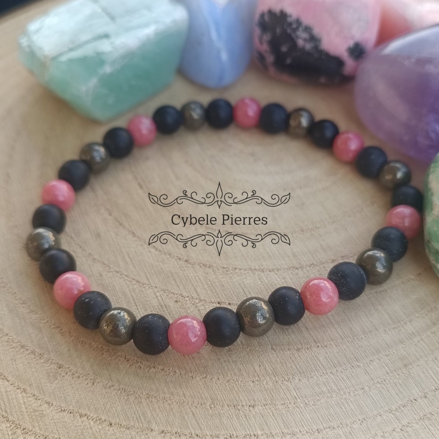 Bracelet Ténacité - Thulite, Pyrite et Onyx mat (6mm) - 18cm - Cybele Pierres