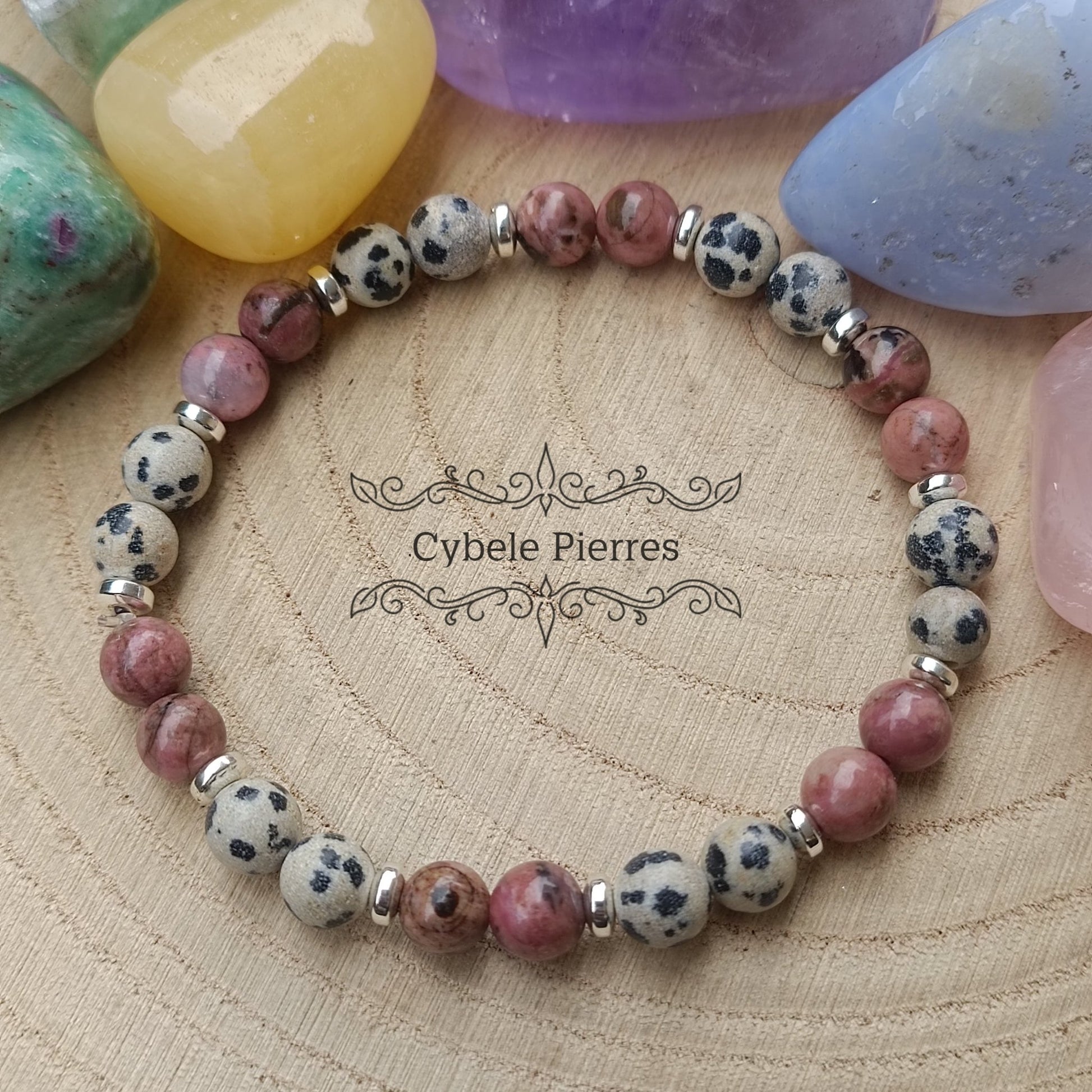 Bracelet Tendres souvenirs - Rhodonite et Jaspe Dalmatien (6mm) - 18cm - Cybele Pierres