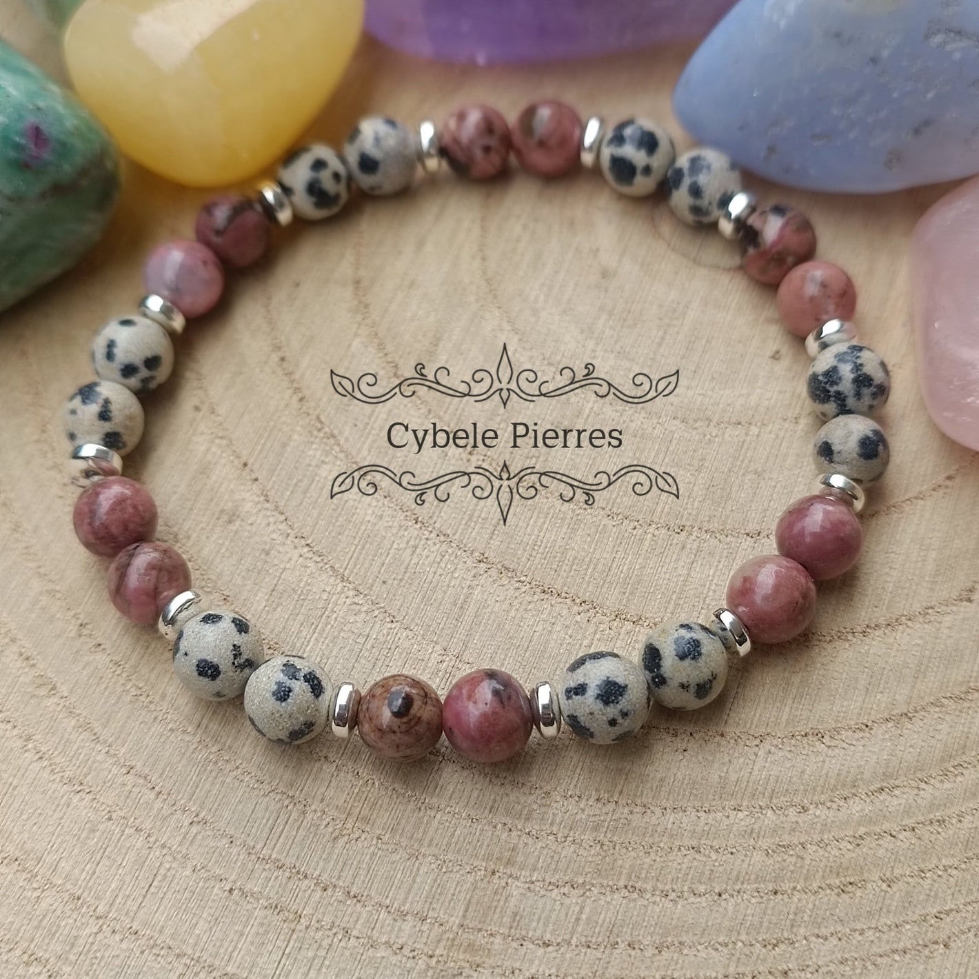 Bracelet Tendres souvenirs - Rhodonite et Jaspe Dalmatien (6mm) - 18cm - Cybele Pierres