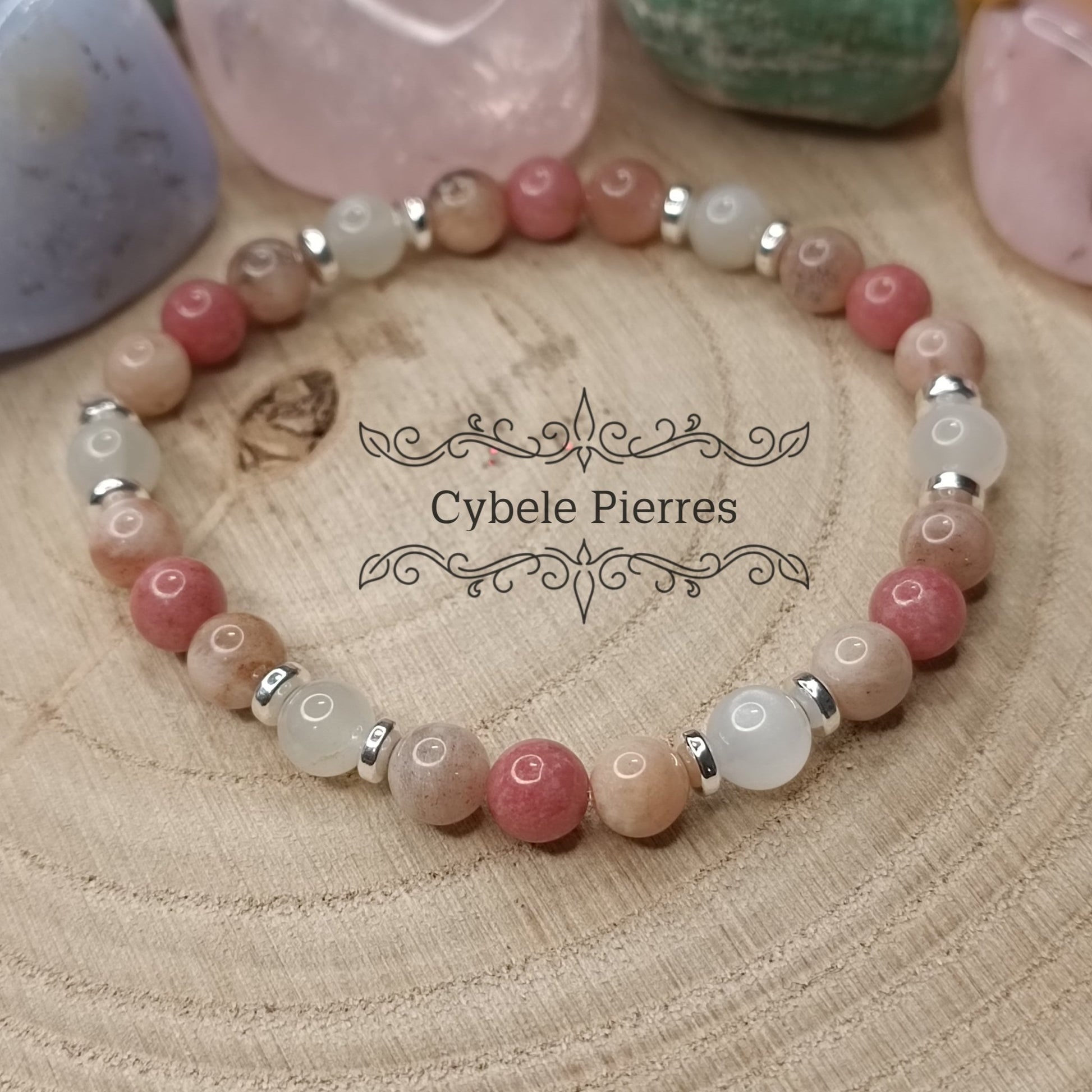 Bracelet Tendresse sucrée - Thulite, Pierre de Soleil et Pierre de Lune (6mm) - 17cm - Cybele Pierres