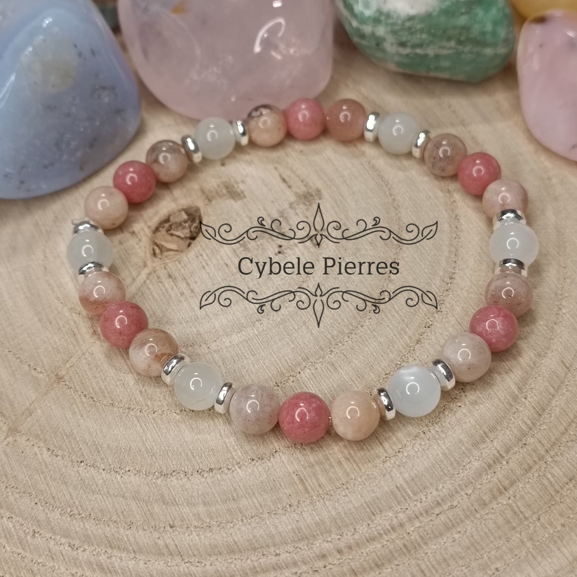 Bracelet Tendresse sucrée - Thulite, Pierre de Soleil et Pierre de Lune (6mm) - 17cm - Cybele Pierres