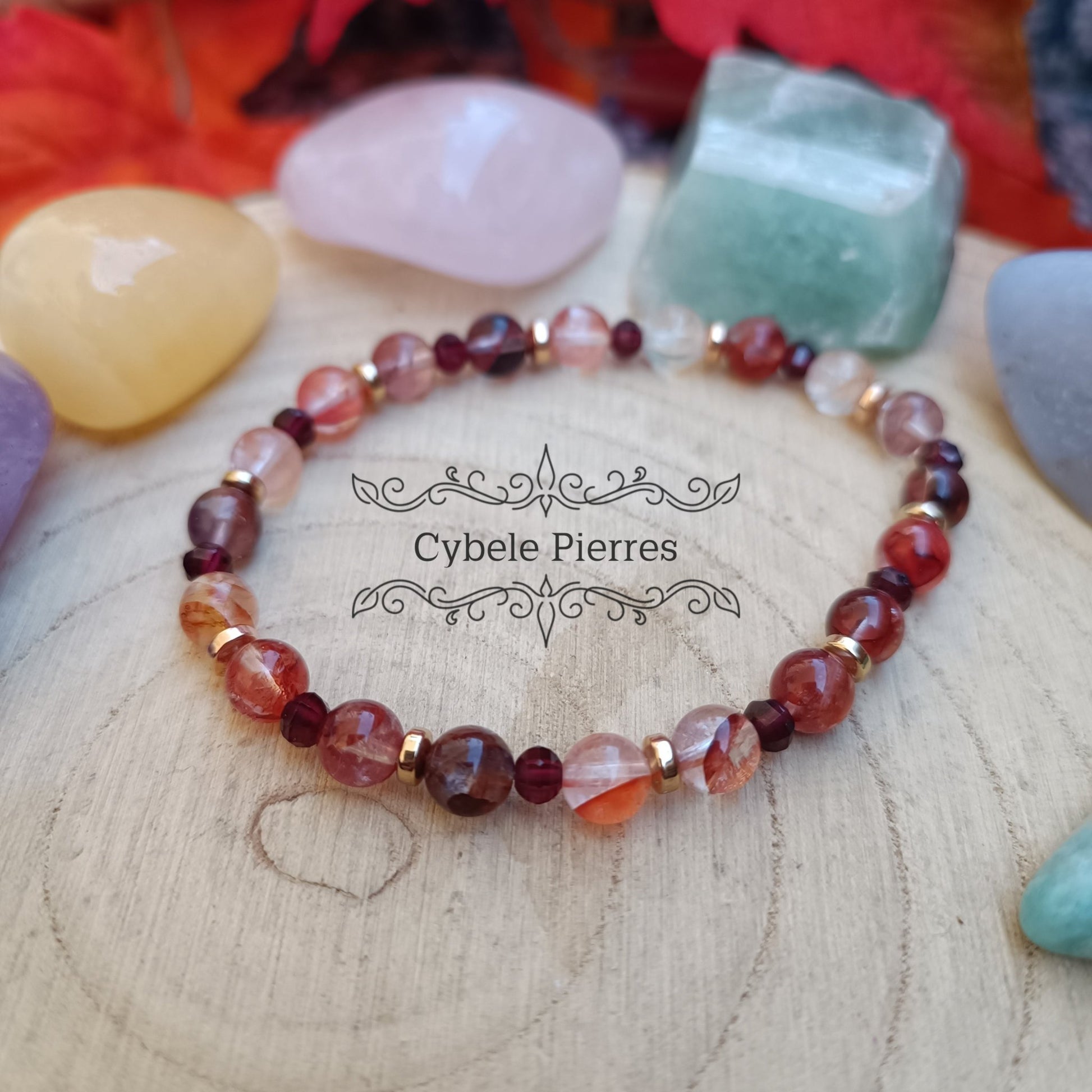 Bracelet "Terre d'Automne " - Quartz Hématoïde rouge et Grenat Facetté (2mm et 6mm) - 18cm - Cybele Pierres