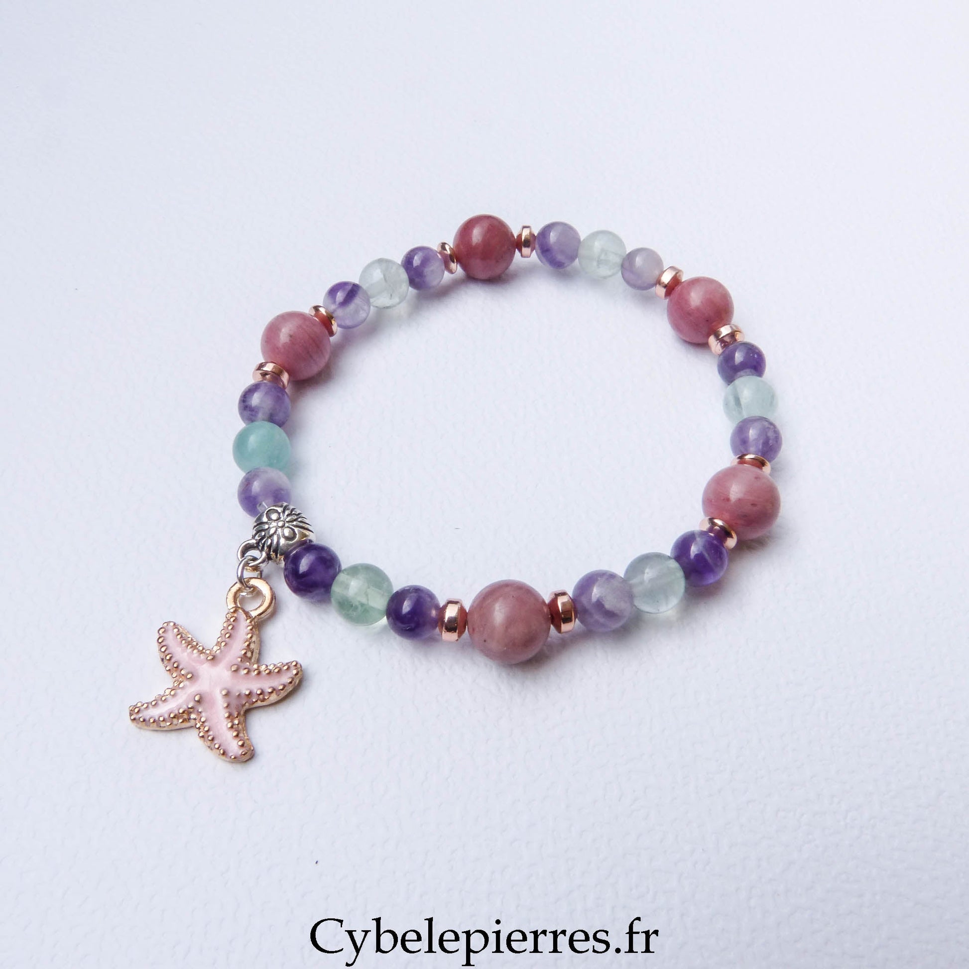 Bracelet Thulite, Fluorite et Améthyste (6 et 8 mm) – 18 cm | Collection Summer - Cybele Pierres