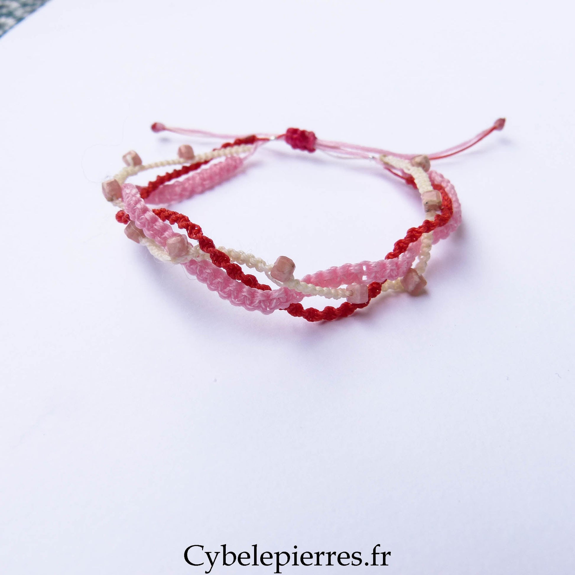 Bracelet “Trio Estival – Coeur Vibrant” – micro macramé & rhodochrosite - Cybele Pierres