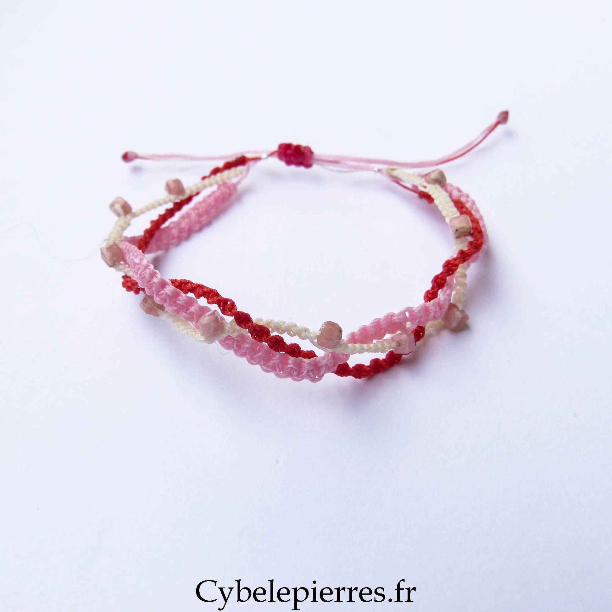 Bracelet “Trio Estival – Coeur Vibrant” – micro macramé & rhodochrosite - Cybele Pierres