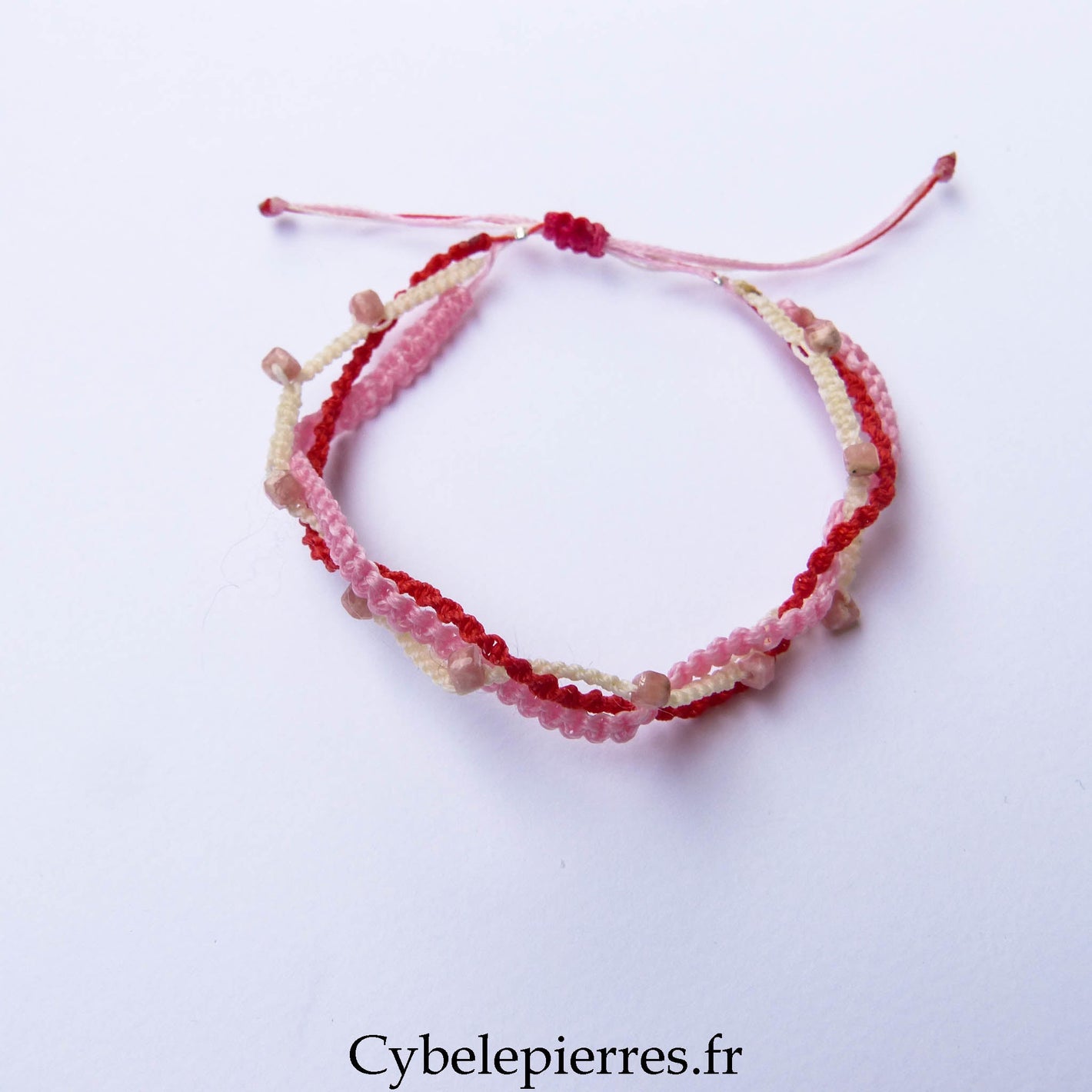 Bracelet “Trio Estival – Coeur Vibrant” – micro macramé & rhodochrosite - Cybele Pierres