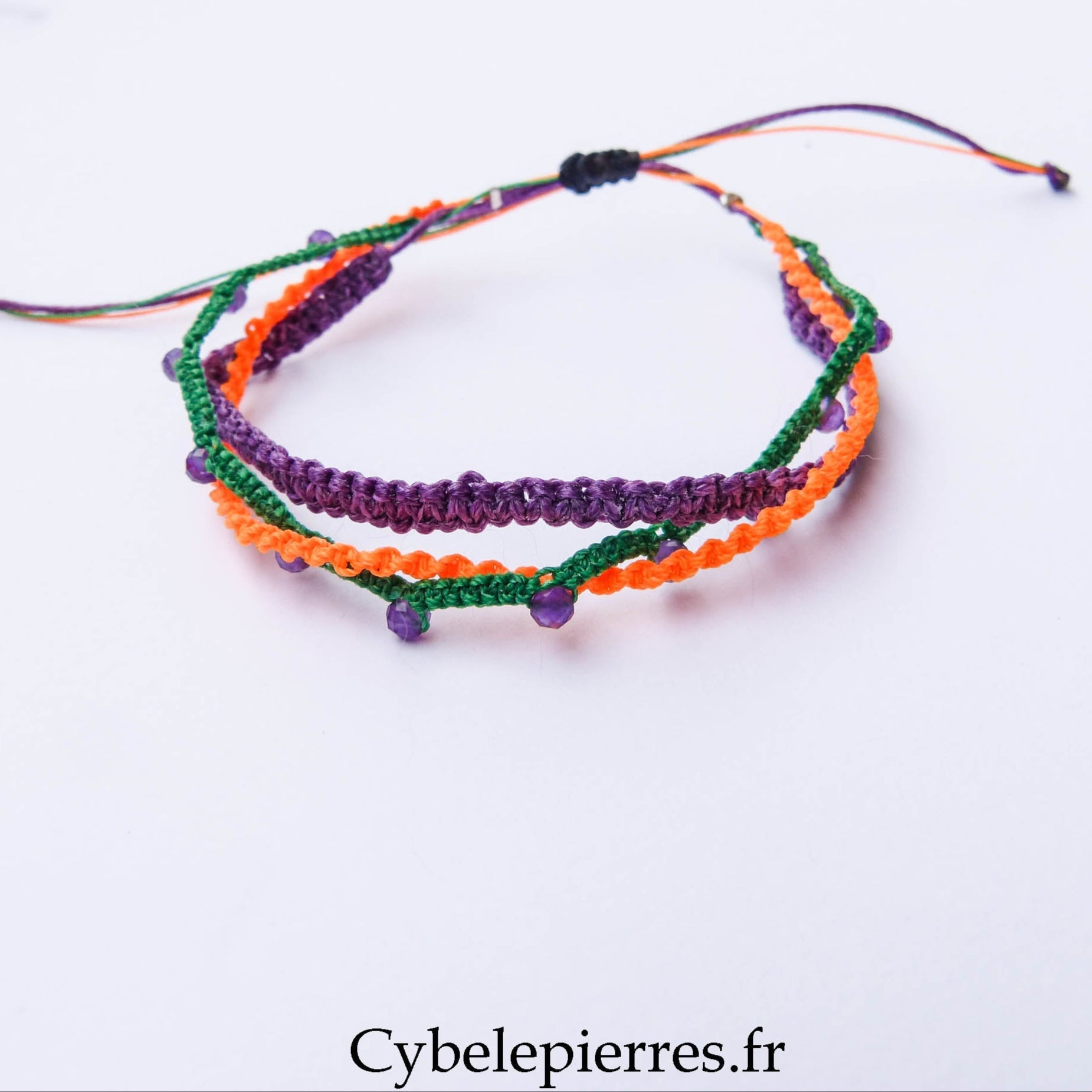 Bracelet “Trio Estival – Énergie Vibrante” – micro macramé & améthyste - Cybele Pierres