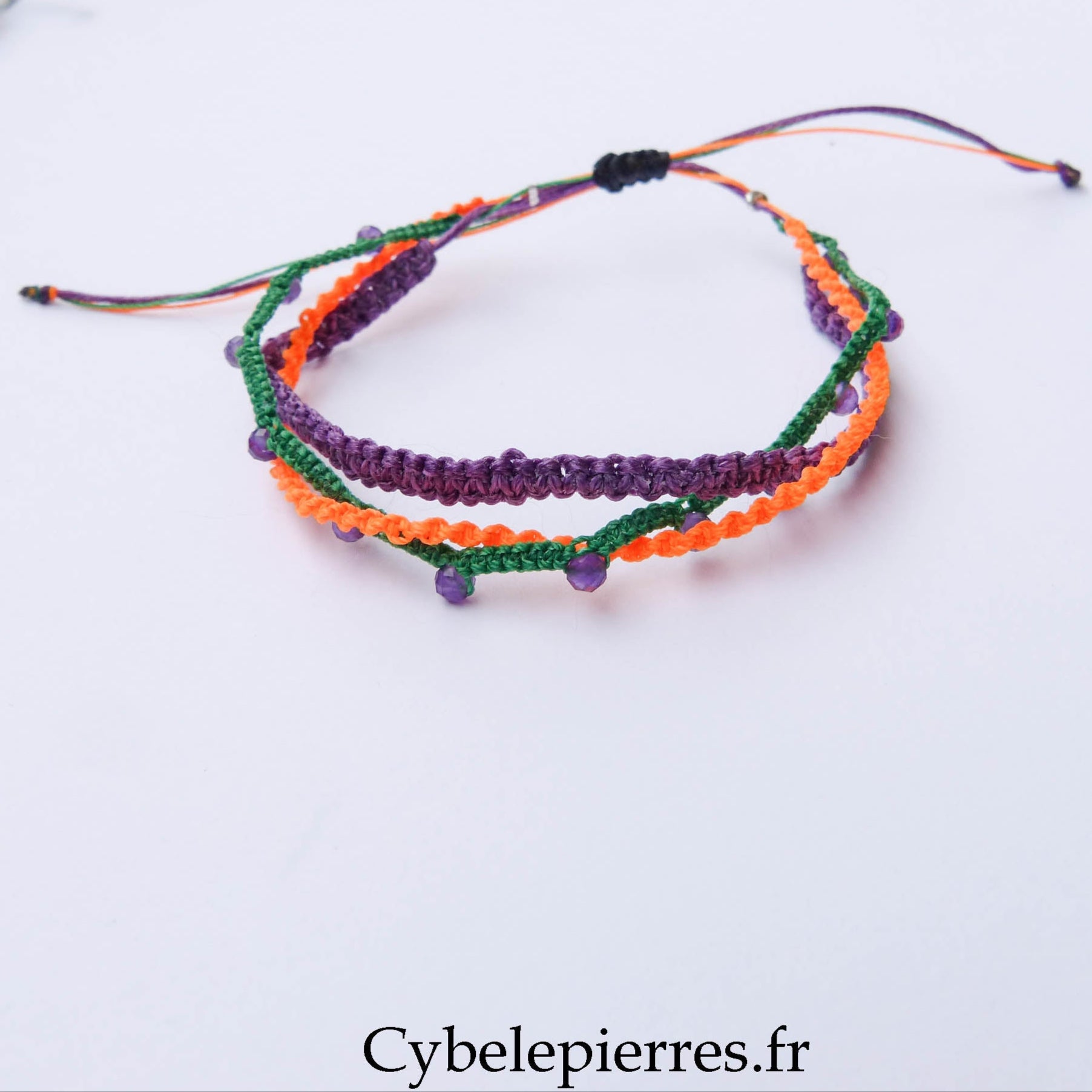 Bracelet “Trio Estival – Énergie Vibrante” – micro macramé & améthyste - Cybele Pierres