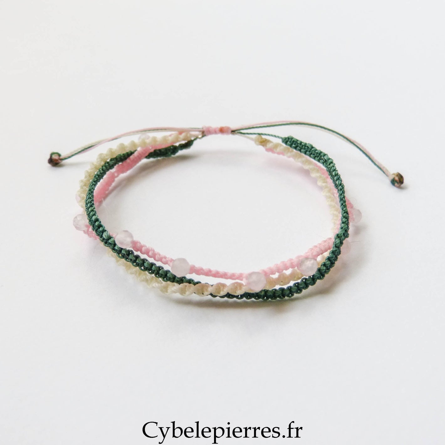Bracelet “Trio Estival – Matin Pastel” – micro macramé et quartz rose - Cybele Pierres