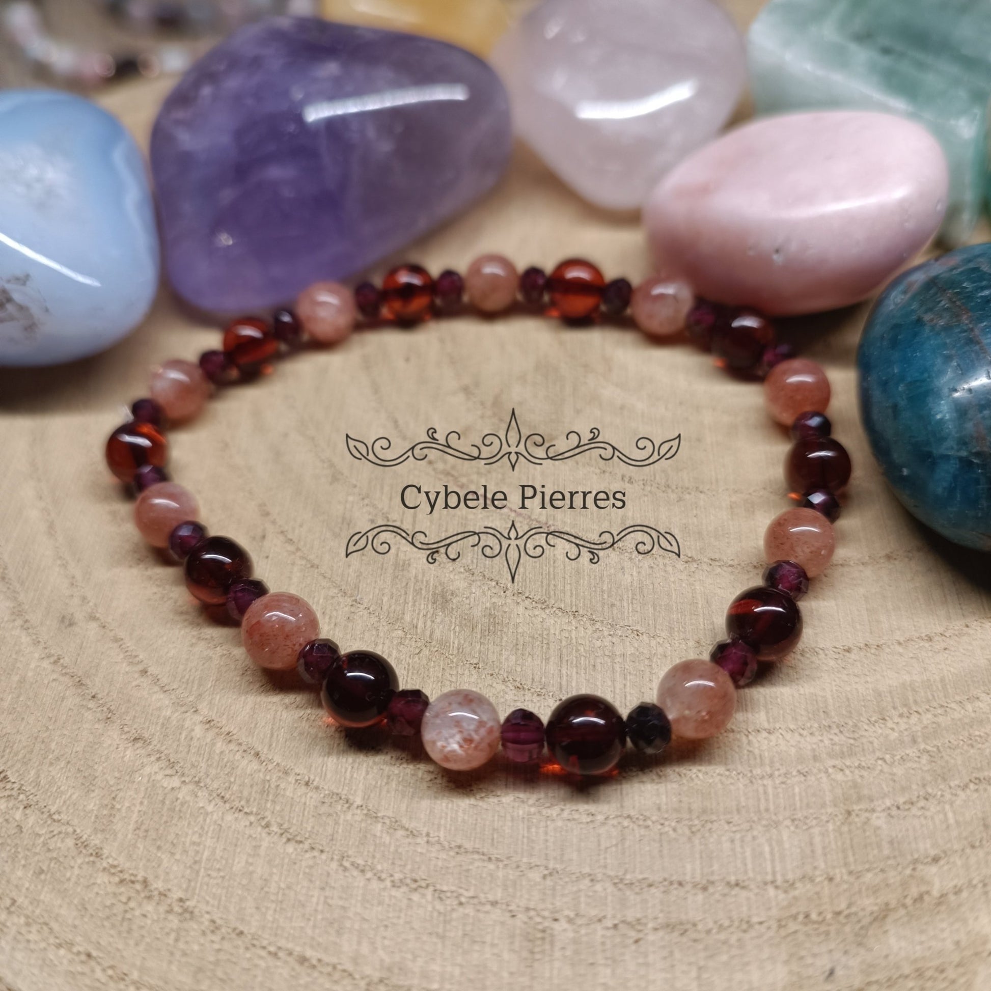 Bracelet Triomphe - Pierre de Soleil, Ambre et Grenat (3 et 6mm) - 18cm - Cybele Pierres