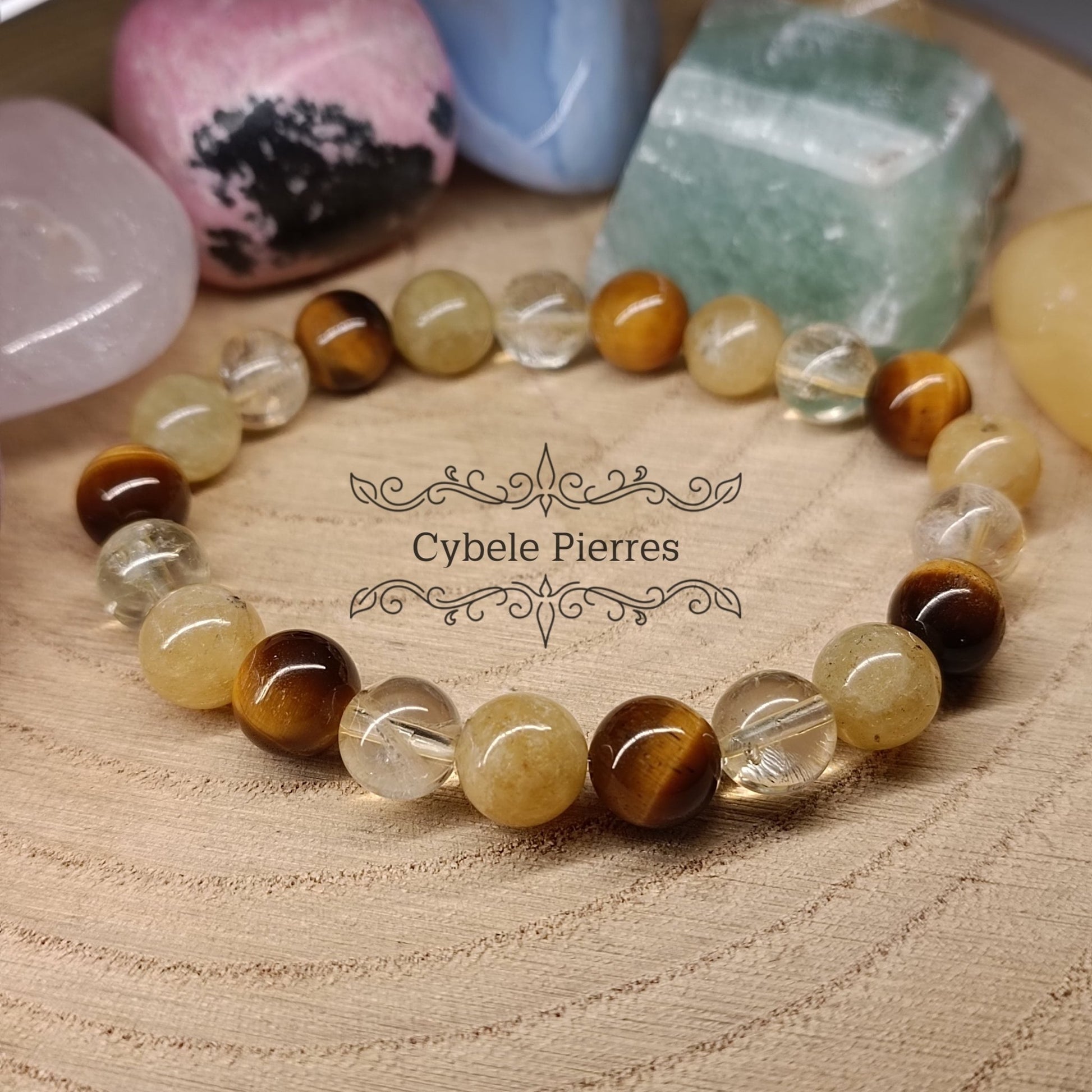 Bracelet triple chance - Oeil de tigre, Citrine et Héliodore (8mm) - 17cm - Cybele Pierres