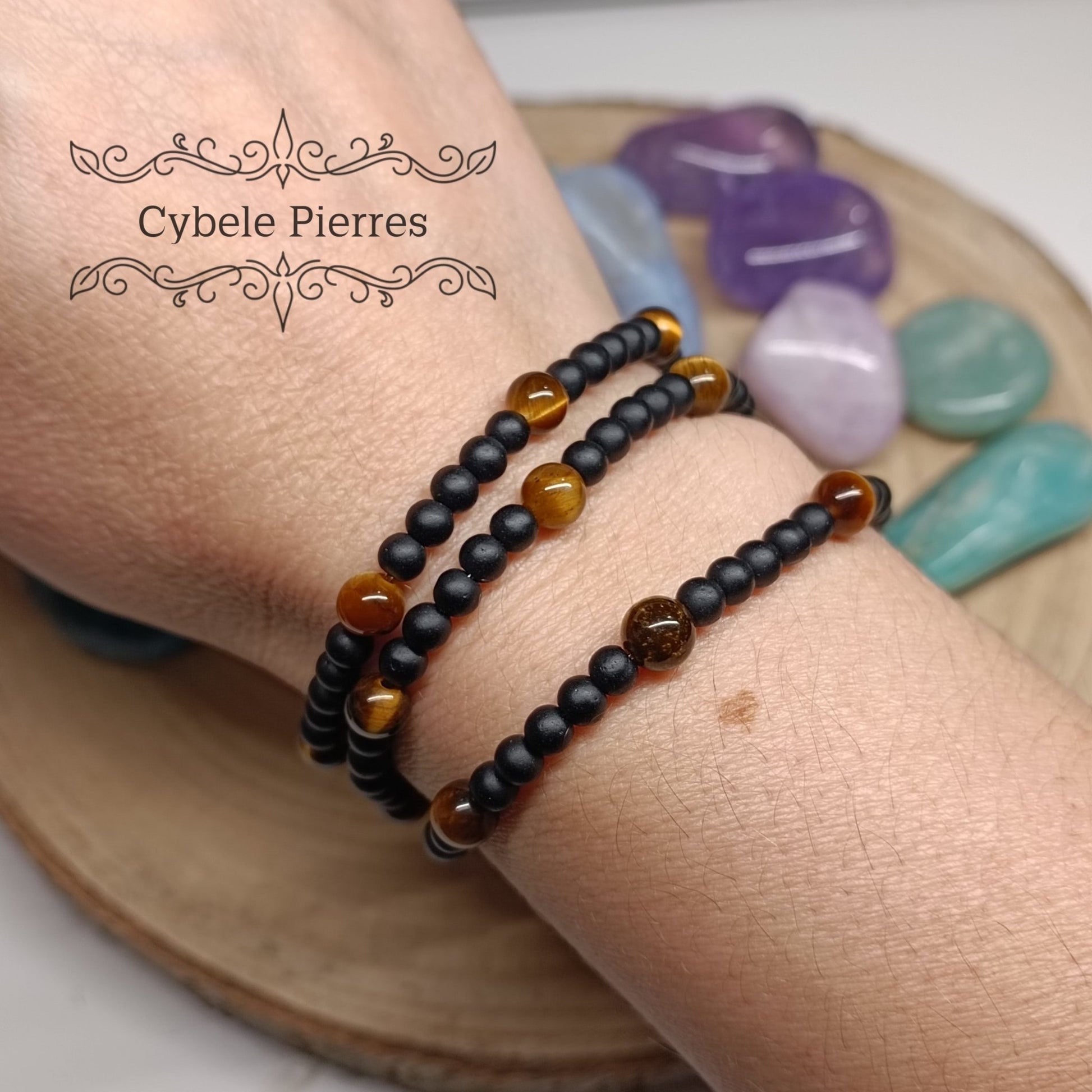 Bracelet Triple protection - Œil de Tigre et Onyx (4 et 6mm) - 18cm | Protection et Force Intérieure - Cybele Pierres