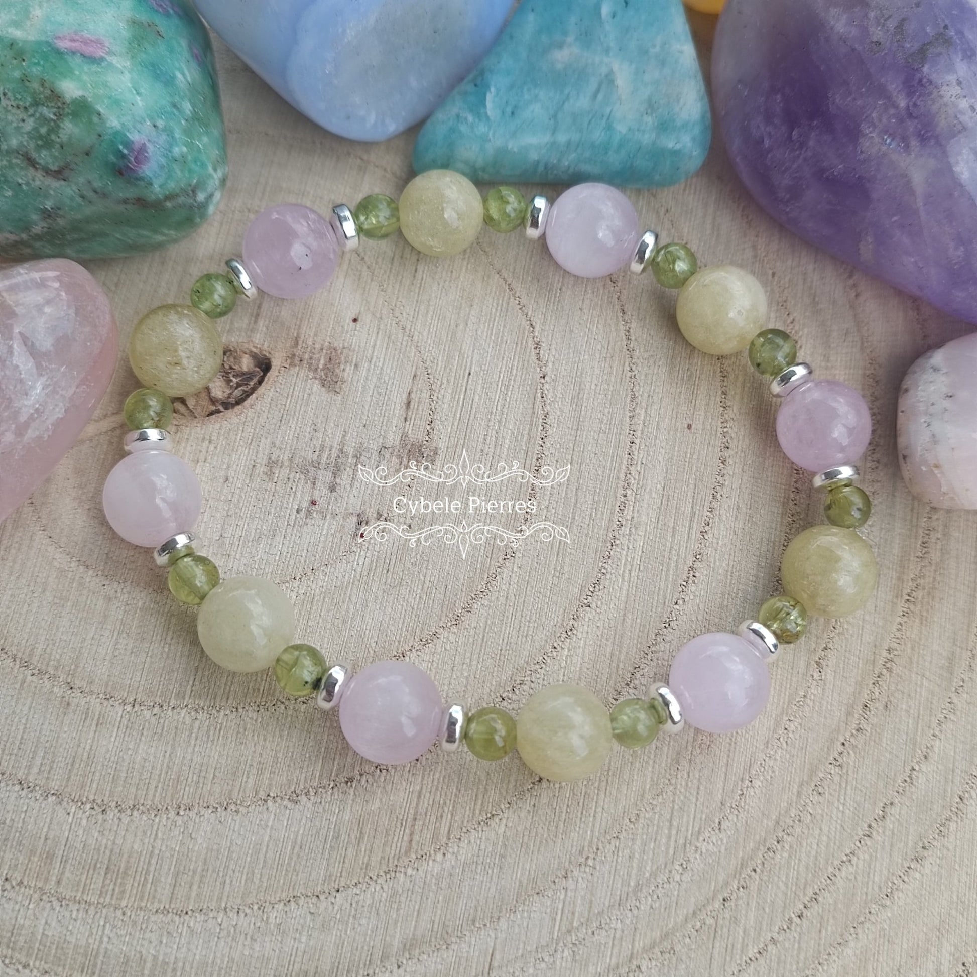 Bracelet Tulipe - Kunzite, Péridot et Héliodore (6 et 8mm) - 17cm - Cybele Pierres