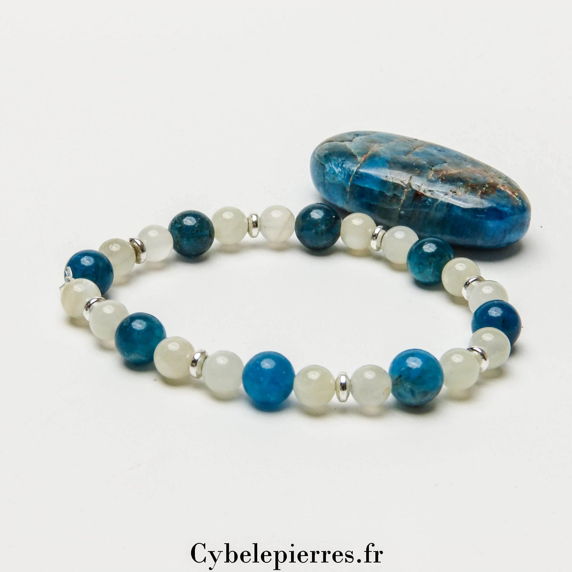 Bracelet Vague de Réconfort - Pierre de Lune Blanche et Apatite Bleue (6 et 8mm) - 18cm | Sérénité et Expression - Cybele Pierres