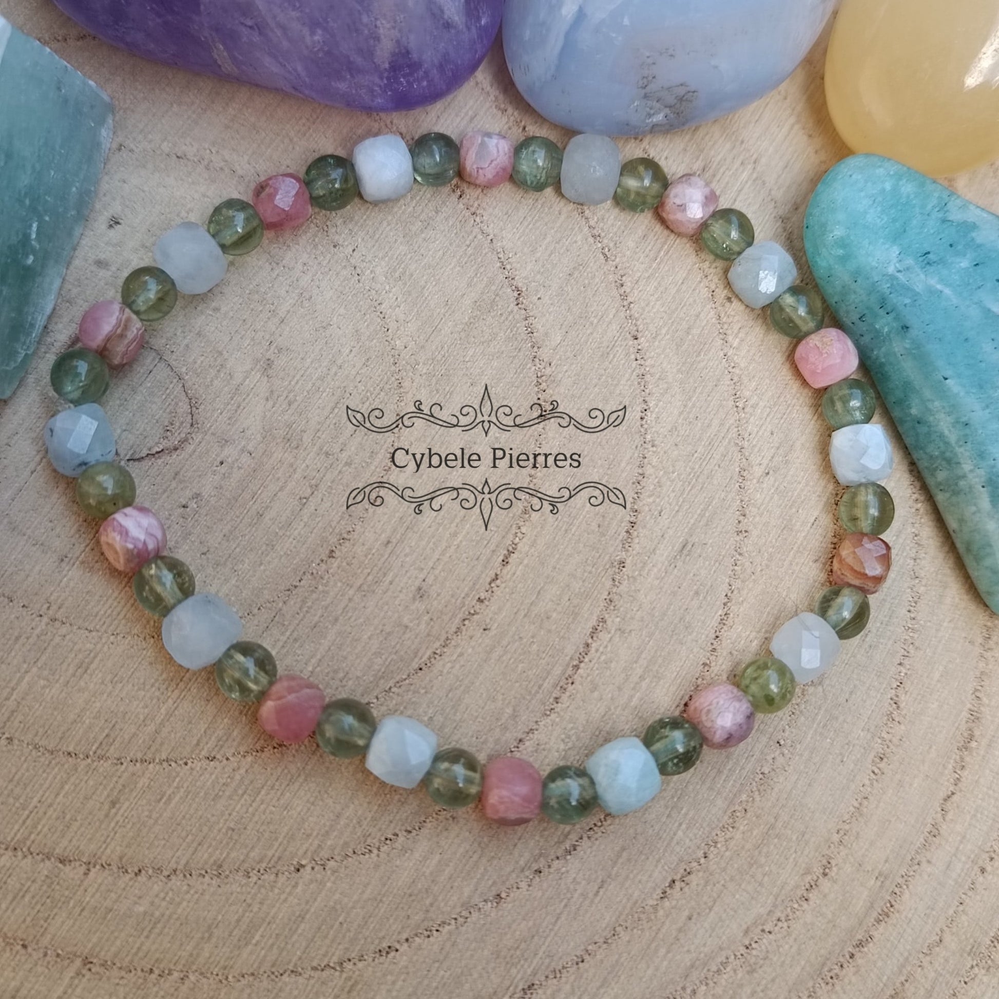 BraceletJoie - Rhodochrosite, Aigue - Marine et Apatite verte (4mm) - 17cm - Cybele Pierres