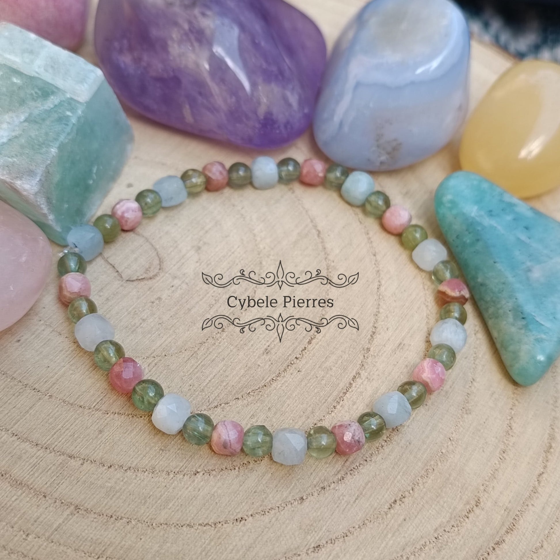 BraceletJoie - Rhodochrosite, Aigue - Marine et Apatite verte (4mm) - 17cm - Cybele Pierres