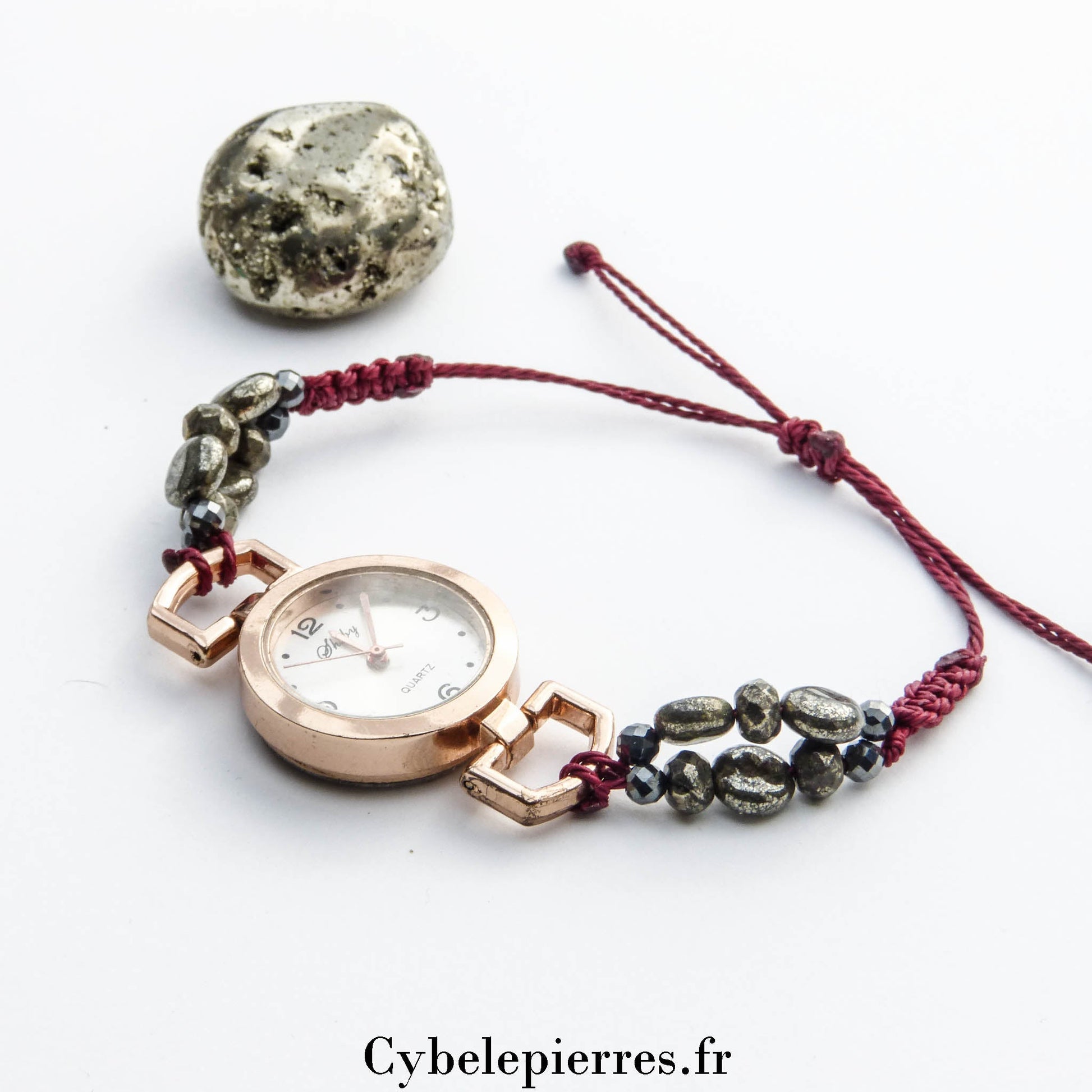 Montre rose dorée réglable macramé & Pyrite (facettée 6mm) | Élégance et Protection - Cybele Pierres