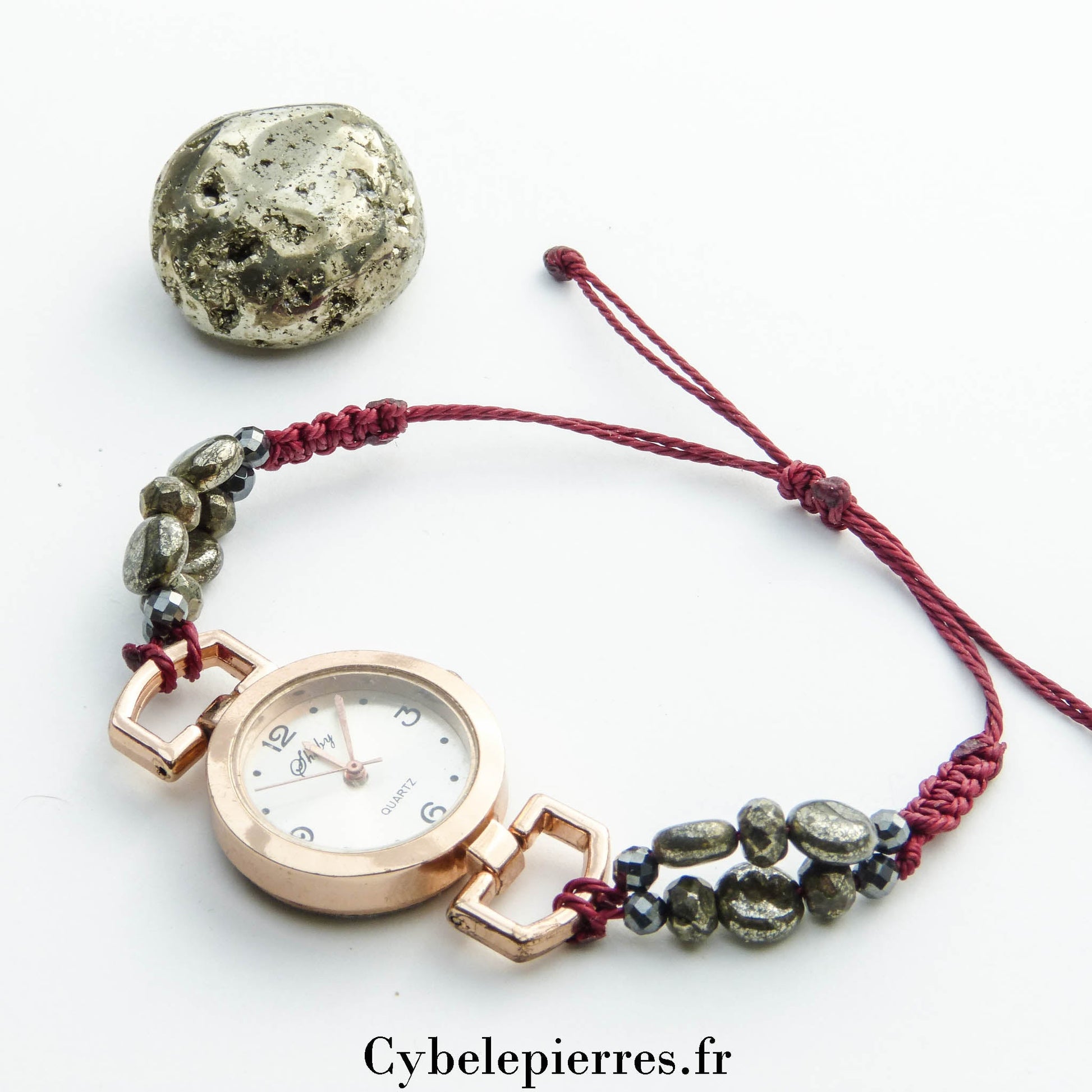 Montre rose dorée réglable macramé & Pyrite (facettée 6mm) | Élégance et Protection - Cybele Pierres