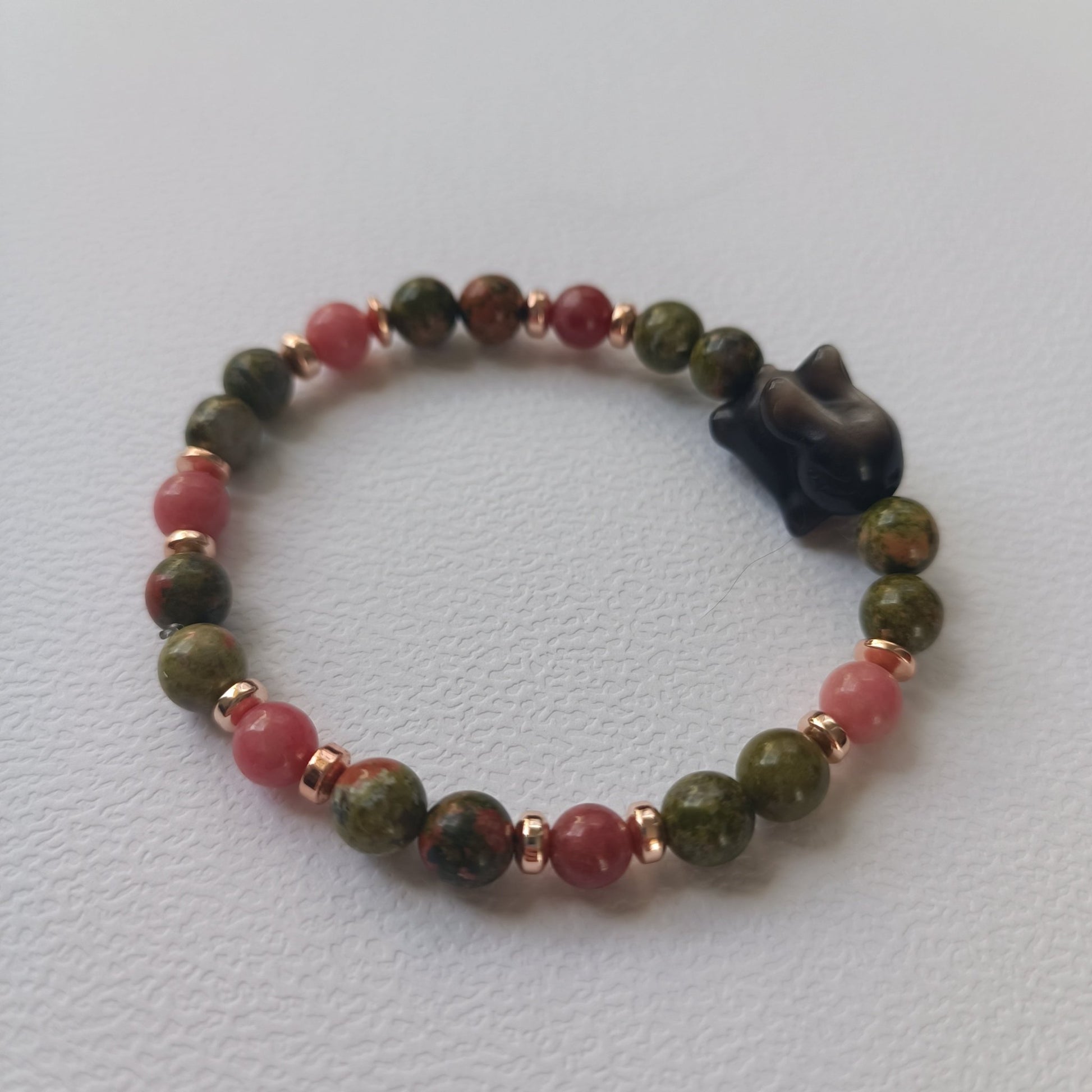 Réservé - Bracelet Lapinou – Obsidienne Argentée, Thulite & Unakite (6 mm) – 18 cm | Émotions & Confiance en soi - Cybele Pierres