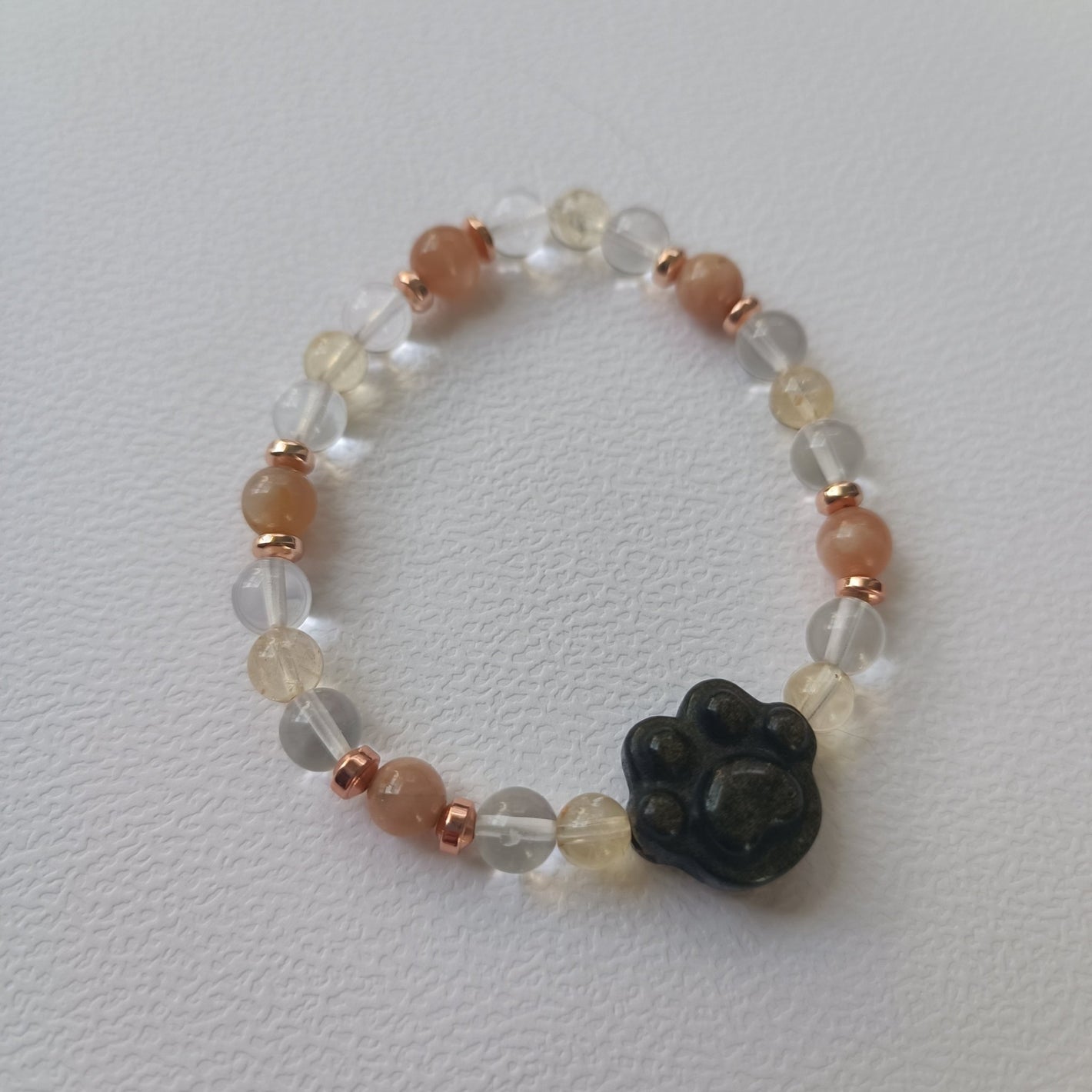 Réservé - Bracelet Patoune – Obsidienne Argentée, Pierre de Soleil, Cristal de Roche & Citrine (6 mm) – 17 cm | Joie & Protection - Cybele Pierres