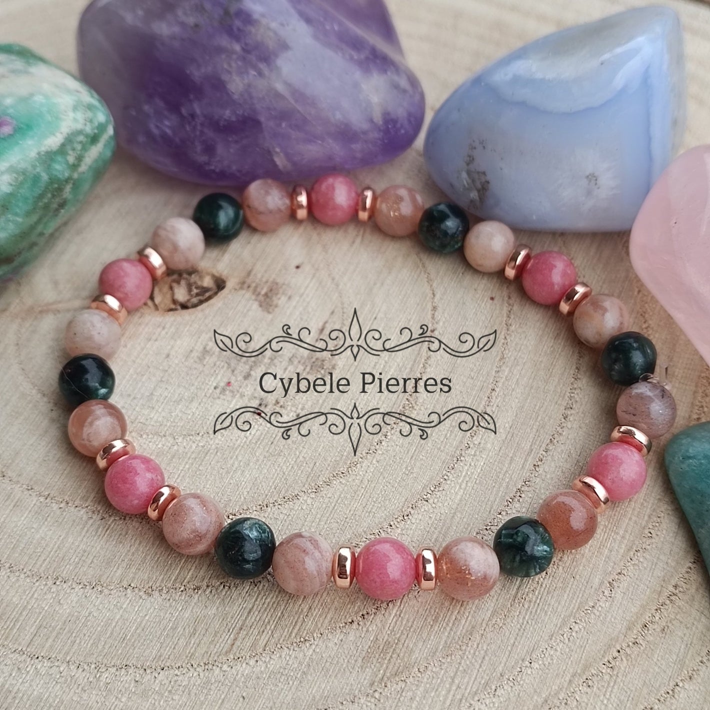 Vérité suprême - Bracelet Séraphinite, Pierre de soleil et Thulite (6mm) - 17cm - Cybele Pierres