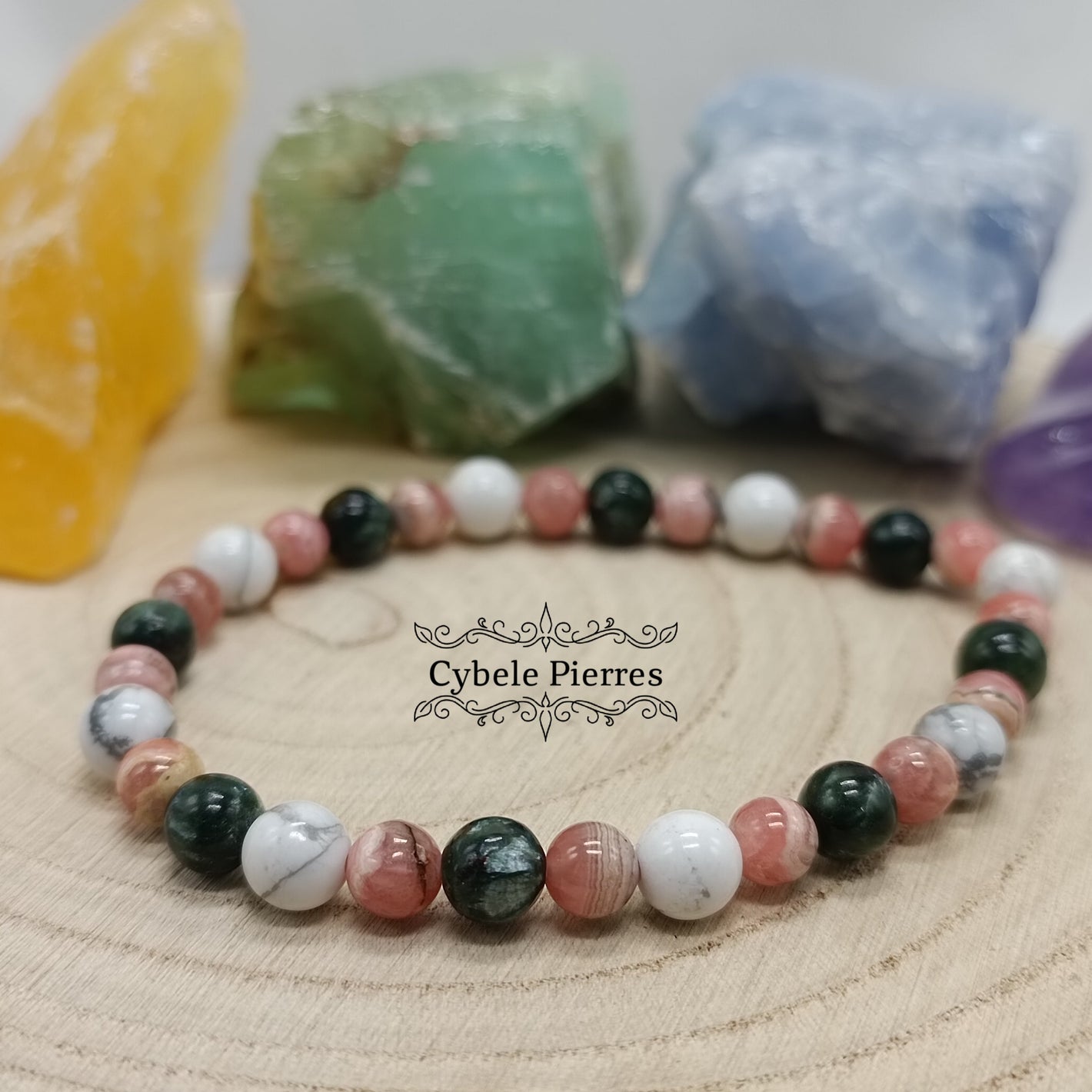 Bracelet  " Je tourne la page" - Séraphinite, Howlite & Rhodochrosite (6mm) - 17cm