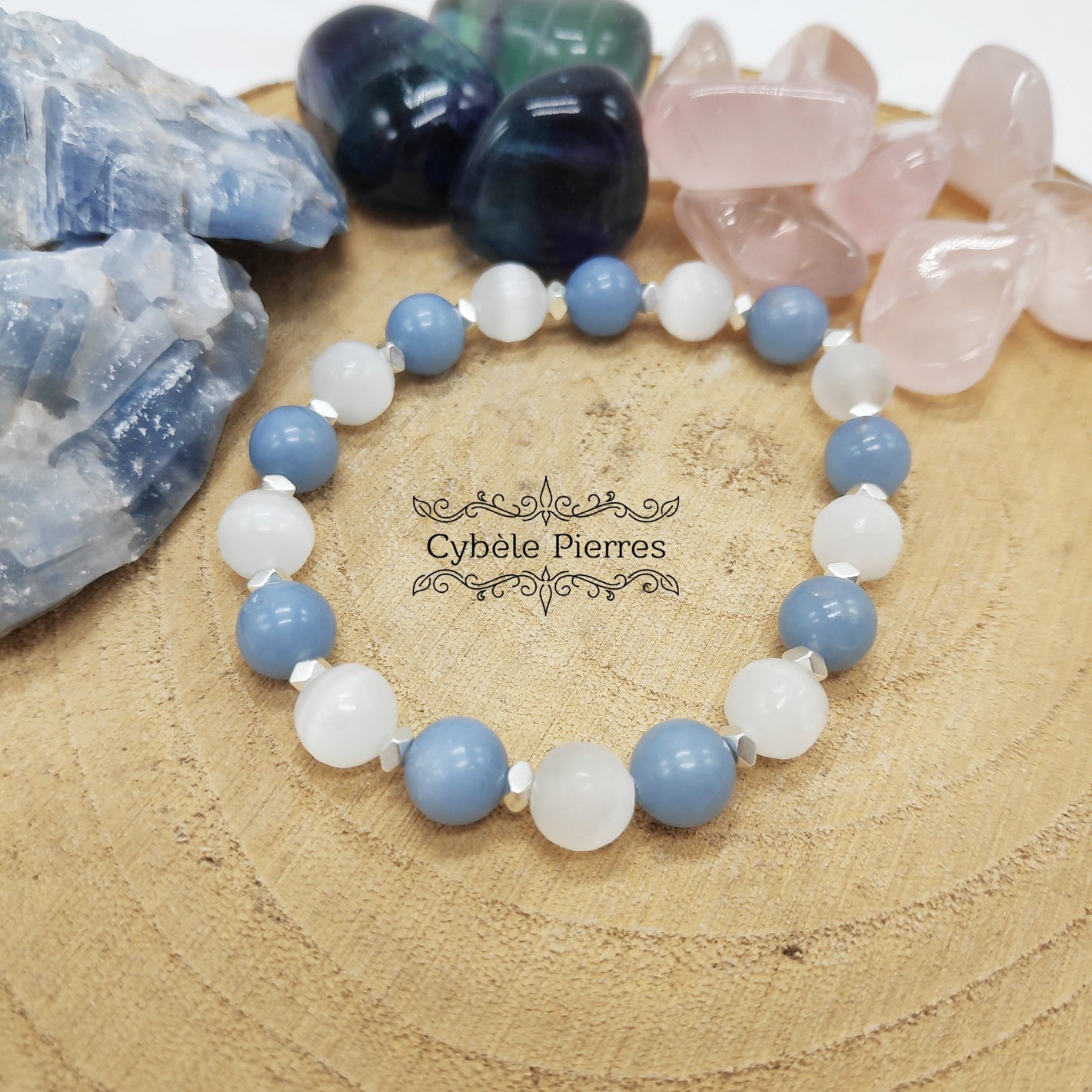 Bracelet Bodua- Sélénite et Angélite (8mm) - 18cm