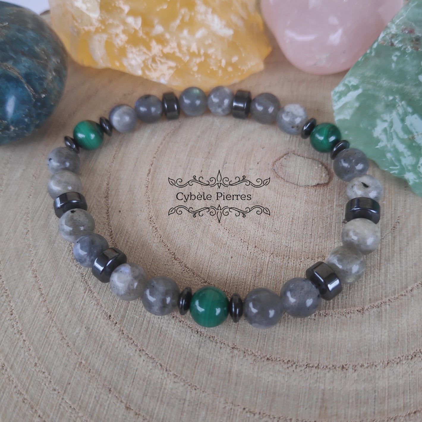 Bracelet Chaman - Labradorite & Malachite (6mm) - 16 cm