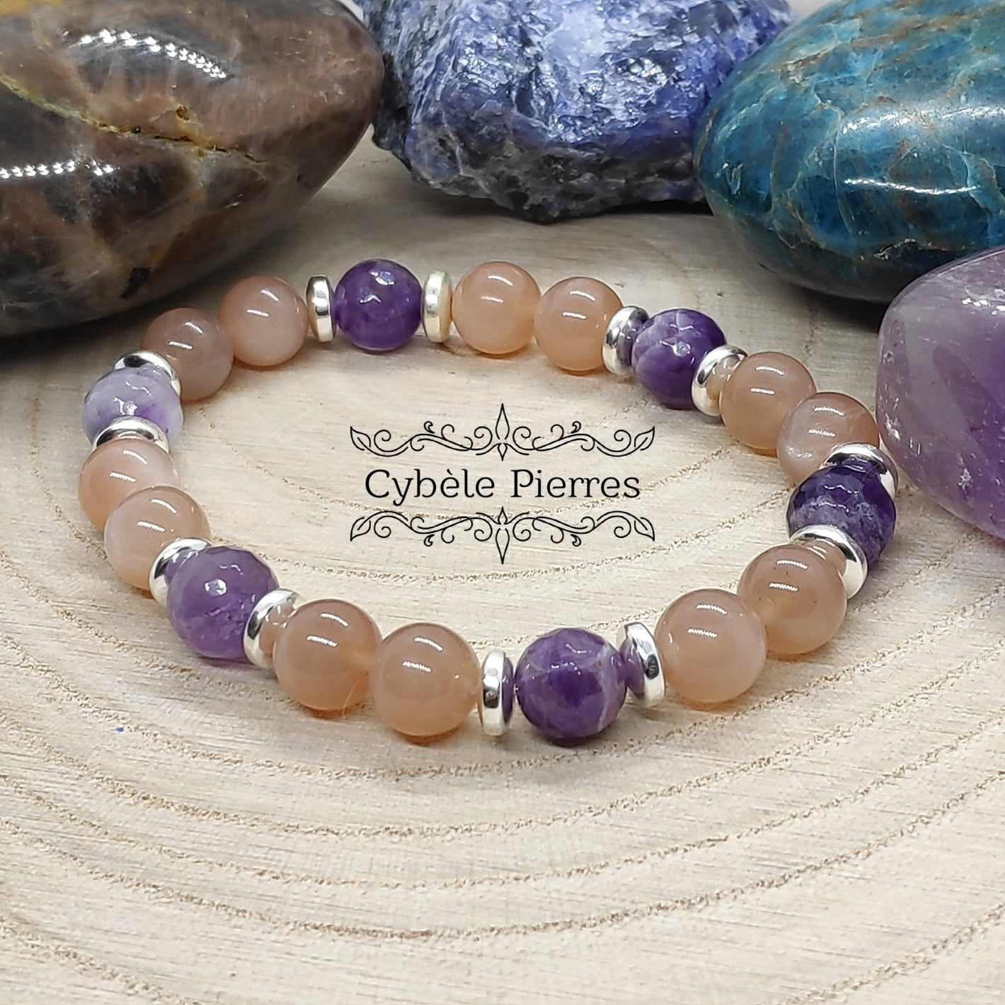 Bracelet Sérénité et Créativité- Améthyste et Pierre de Lune pêche (8mm) - 18cm