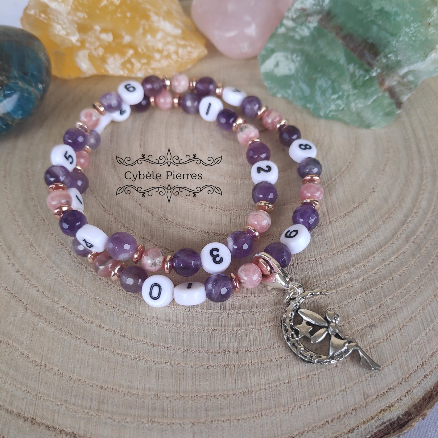 Bracelet d'Allaitement - Rhodochrosite et Améthyste facetté (6mm)- 18cm (Deux tours)