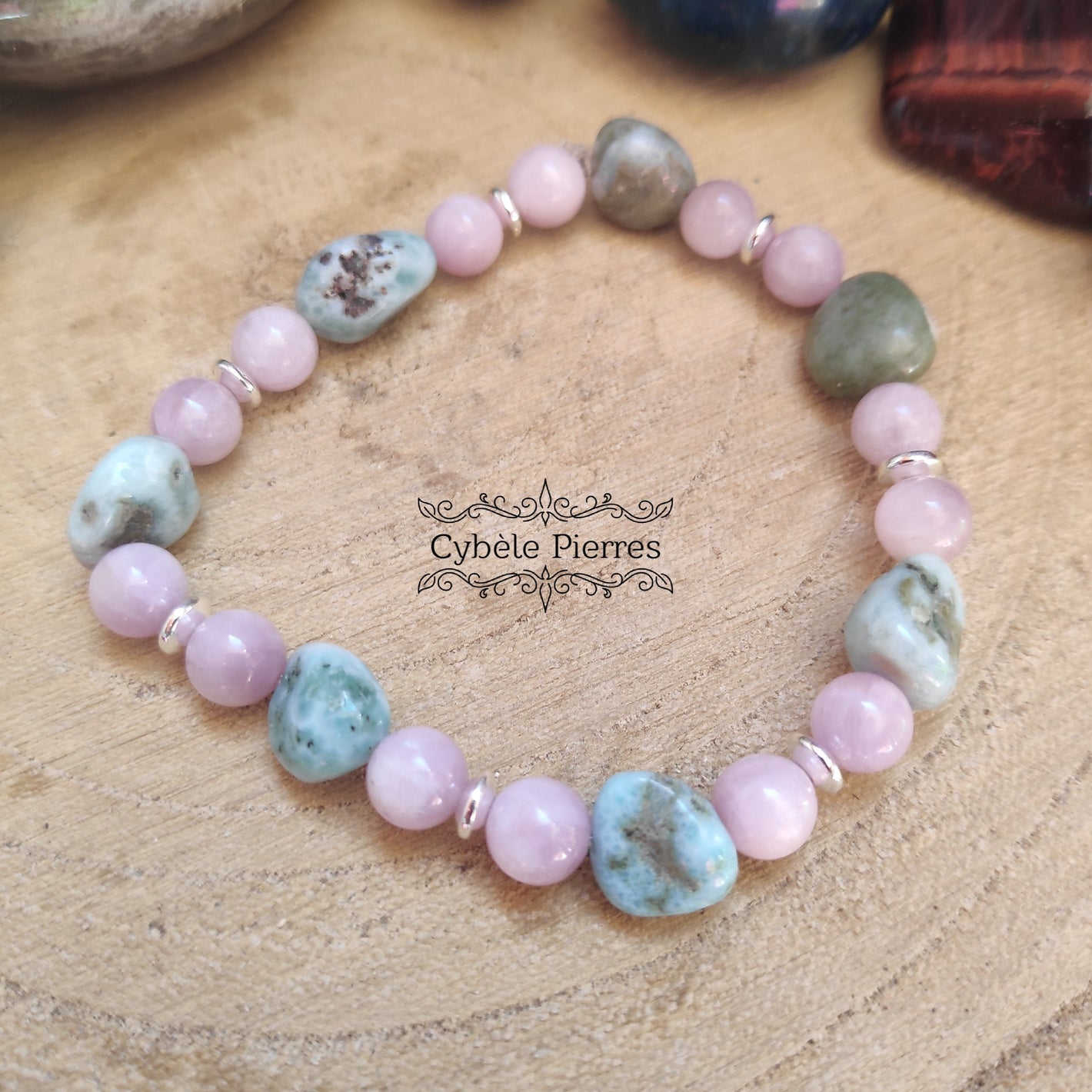 Bracelet " On fait face" - Larimar et Kunzite - 17cm (10mm irrégulier et 6mm)