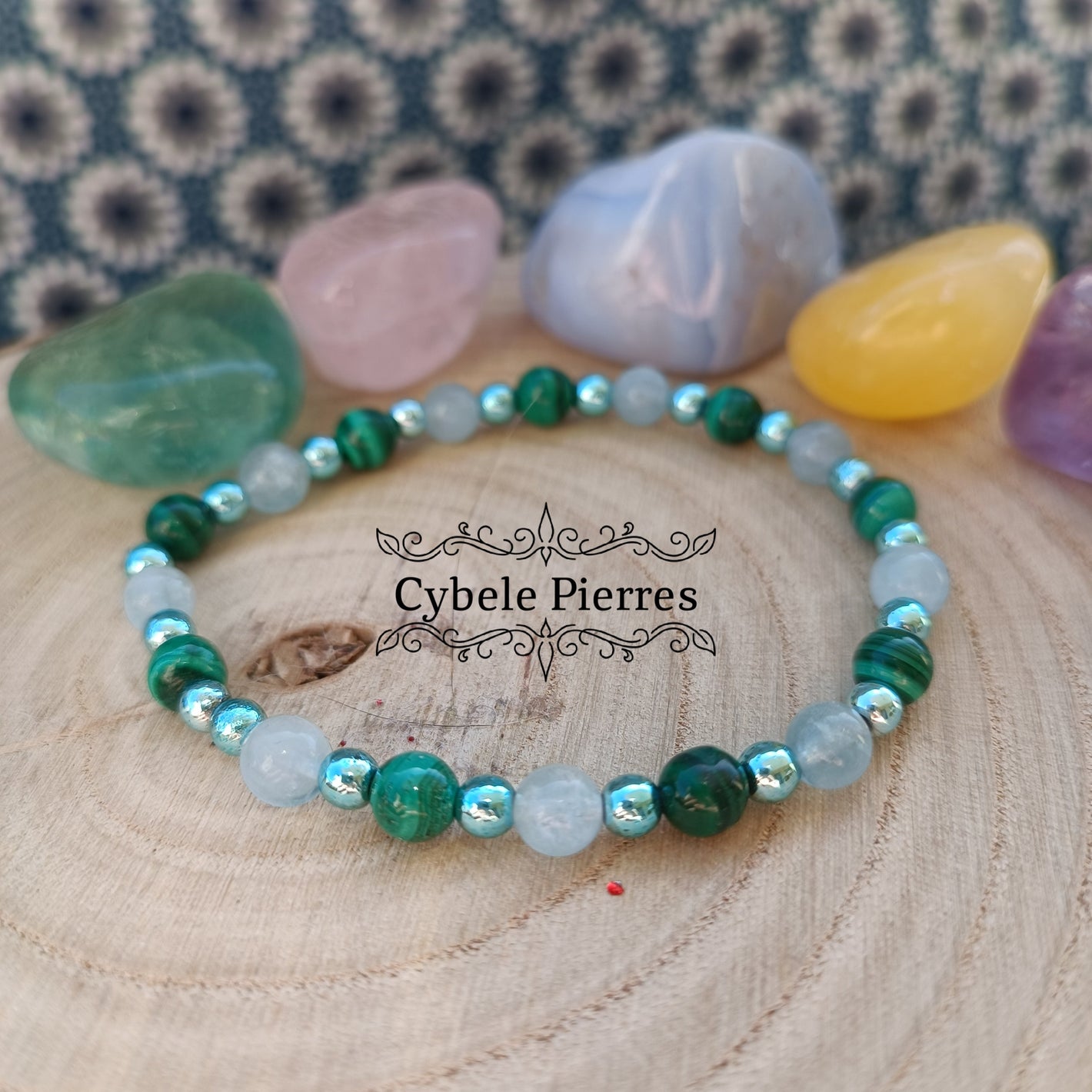 Bracelet Lagon - Malachite, Aigue-Marine (6mm) et Hématite teintée bleue (3mm) - 18cm