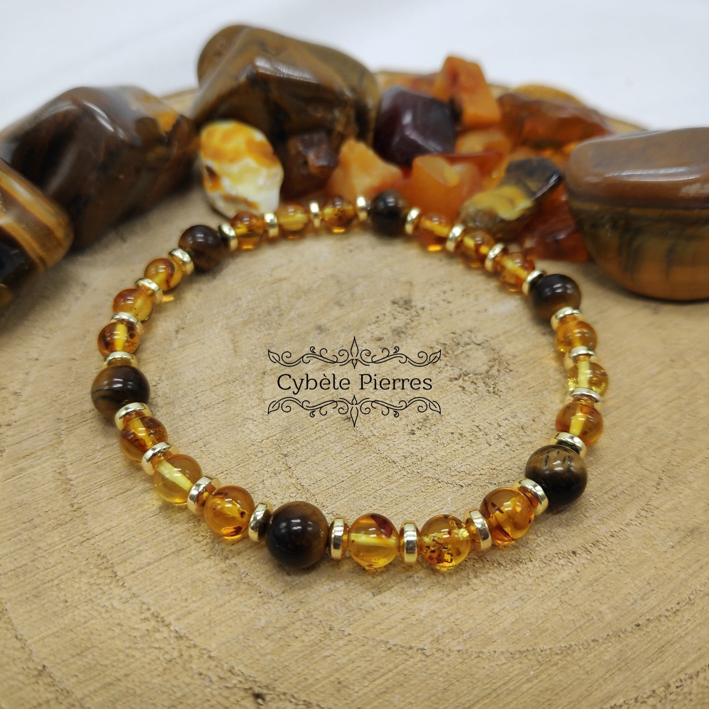 Bracelet Miel - Ambre et Oeil de tigre (4 et 6mm) - 18cm