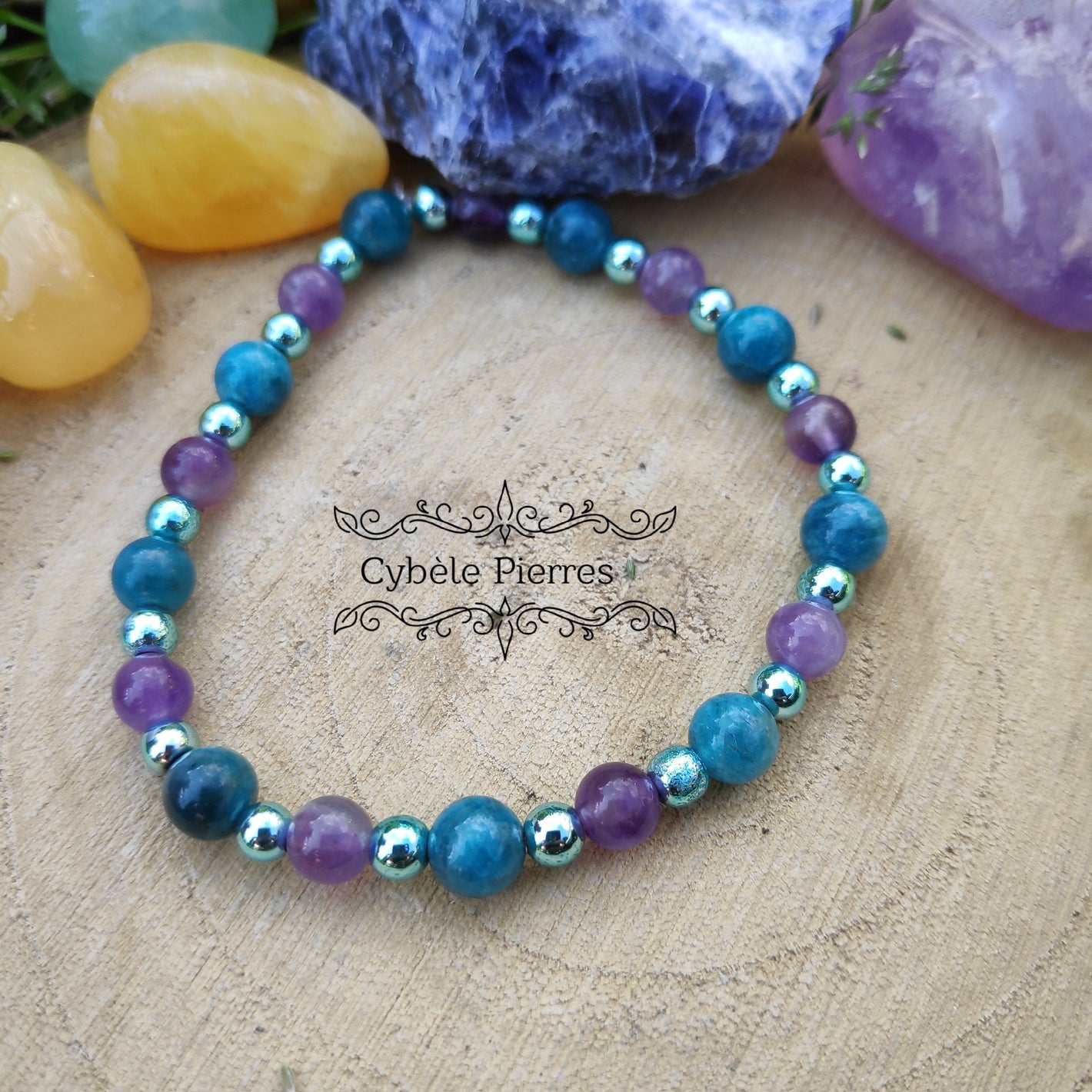 Bracelet Abraxas -  Améthyste & Apatite bleue (6mm) - 18cm