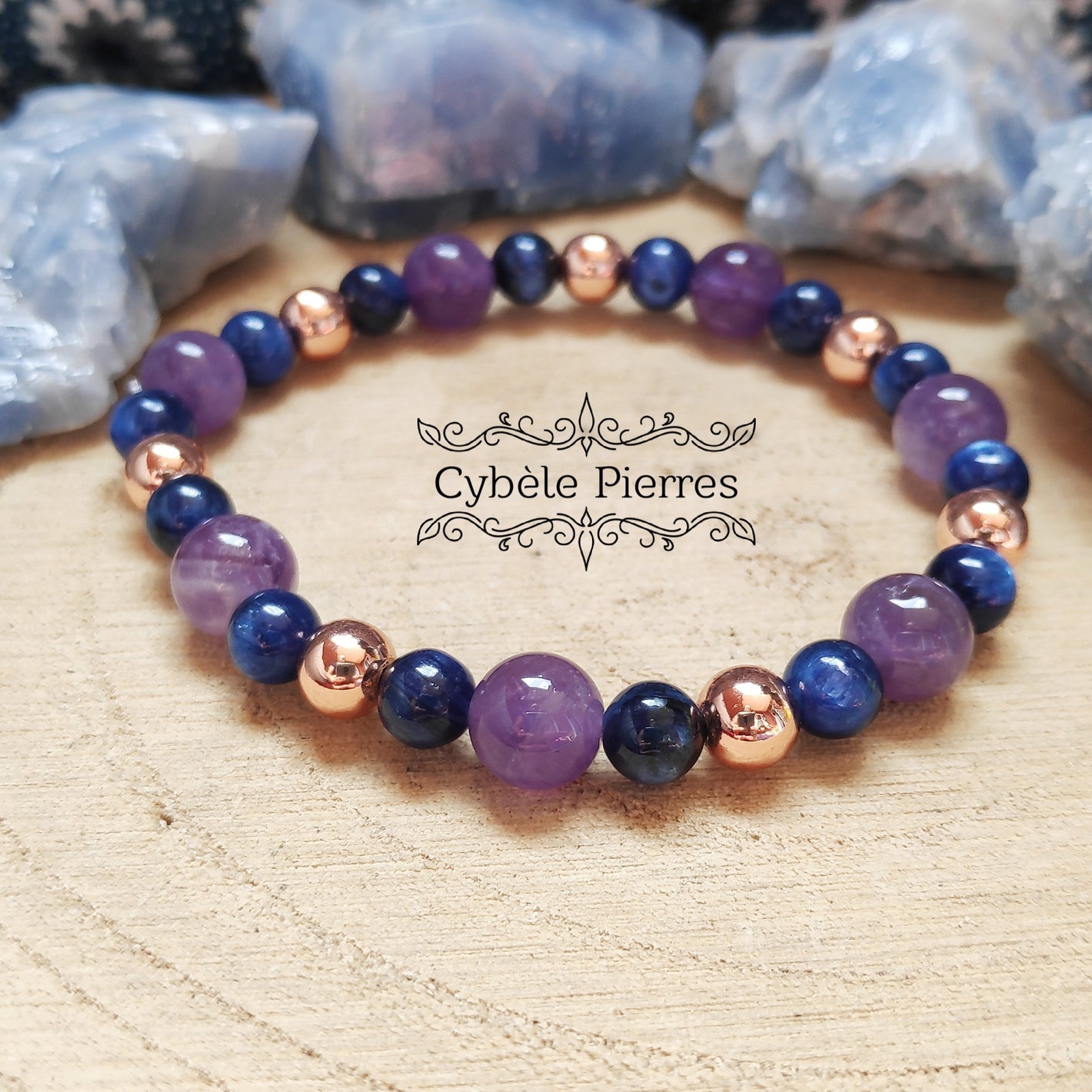 Bracelet Persévérance : Cyanite et Améthyste (6mm et 8mm) - 17cm