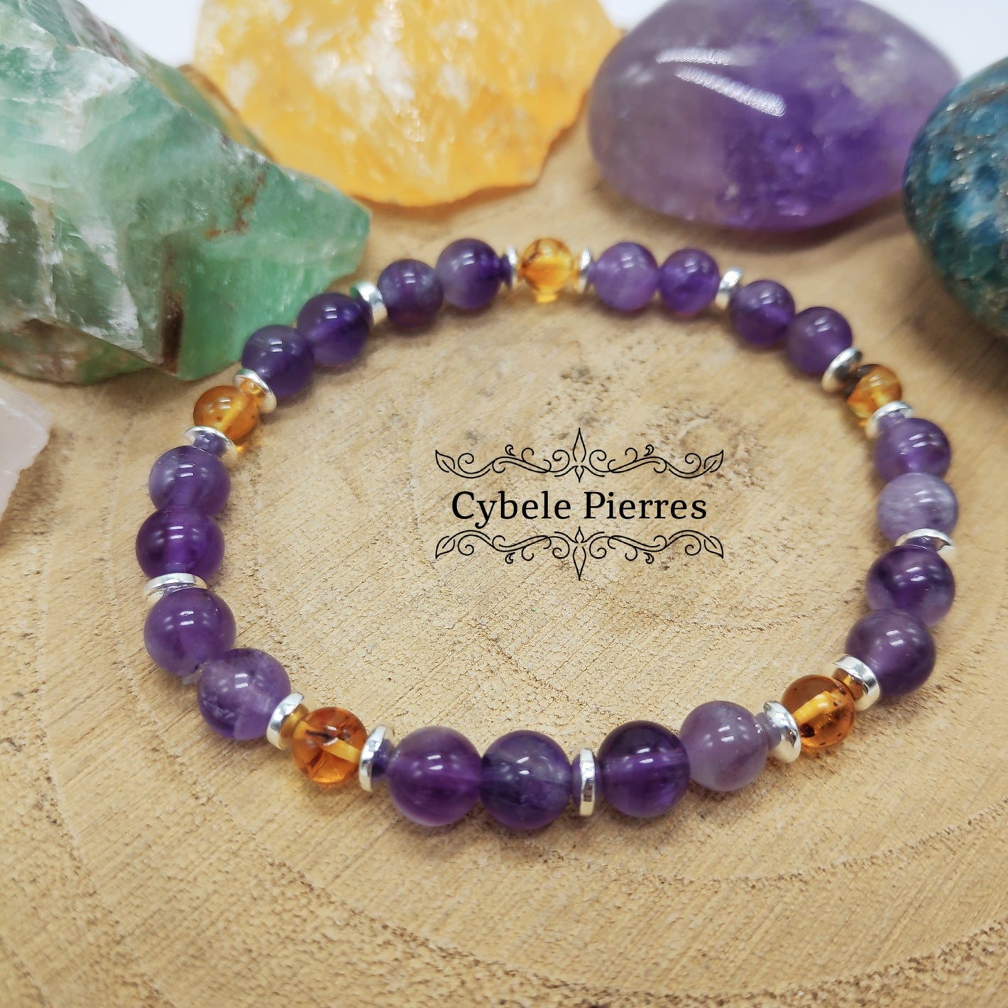 Bracelet Papillon- Ambre et Améthyste (4 et 6mm) - 18cm