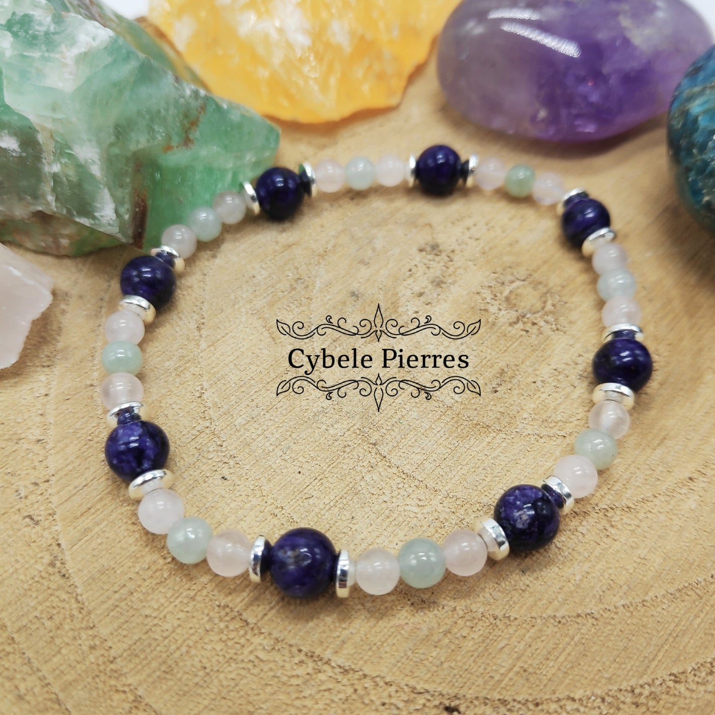 Bracelet Opportunité - Charoïte, Quartz rose et Jade verte (3 et 6mm) - 18cm