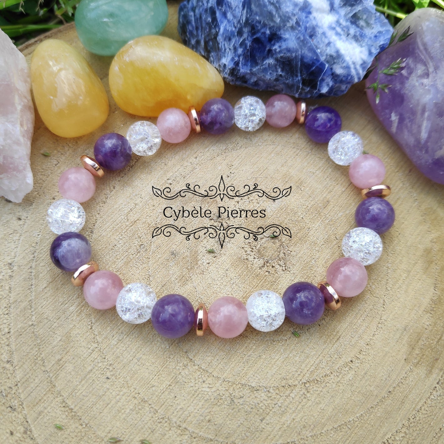 Bracelet Imagination -Quartz rose, Cristal de roche craquelé et Améthyste (8mm) - 18cm