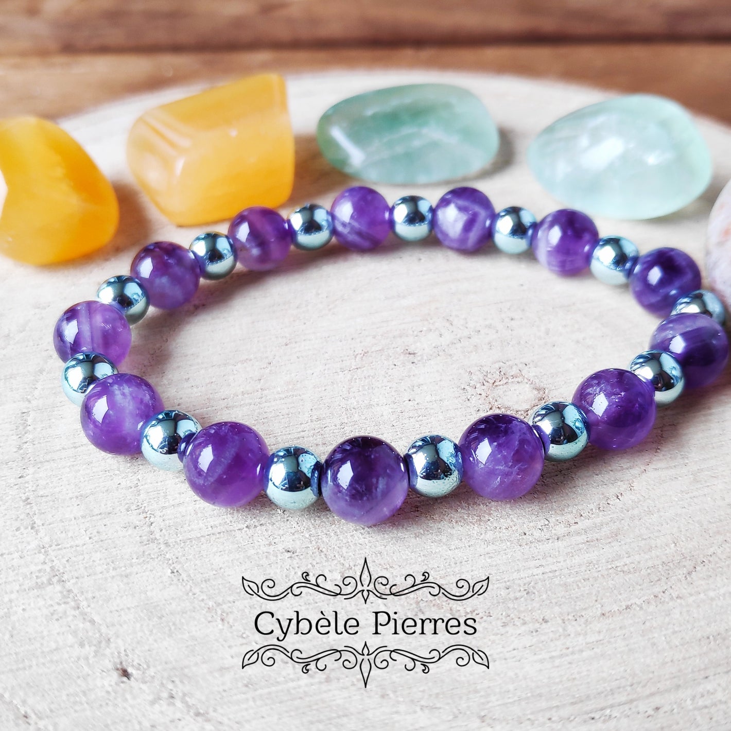 Bracelet Détente - Améthyste et Hématite teintée bleue (8mm et 6mm) - 18cm