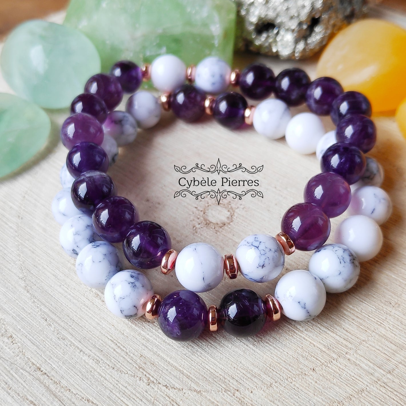 Bracelets Duo Tendresse - Améthyste et Howlite (8mm) - 17cm