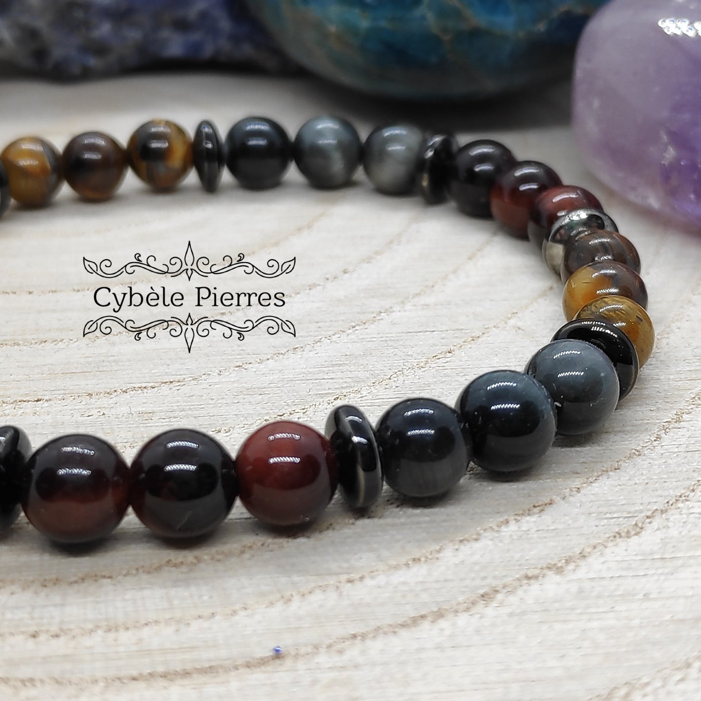 Bracelet Triple protection - Oeil de faucon, oeil de tigre et oeil de taureau (6mm) - 19cm