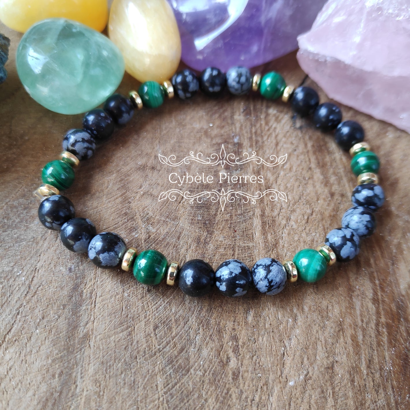 Bracelet Sérénité d'esprit - Obsidienne flocons de neige et Malachite (6mm) - 17cm