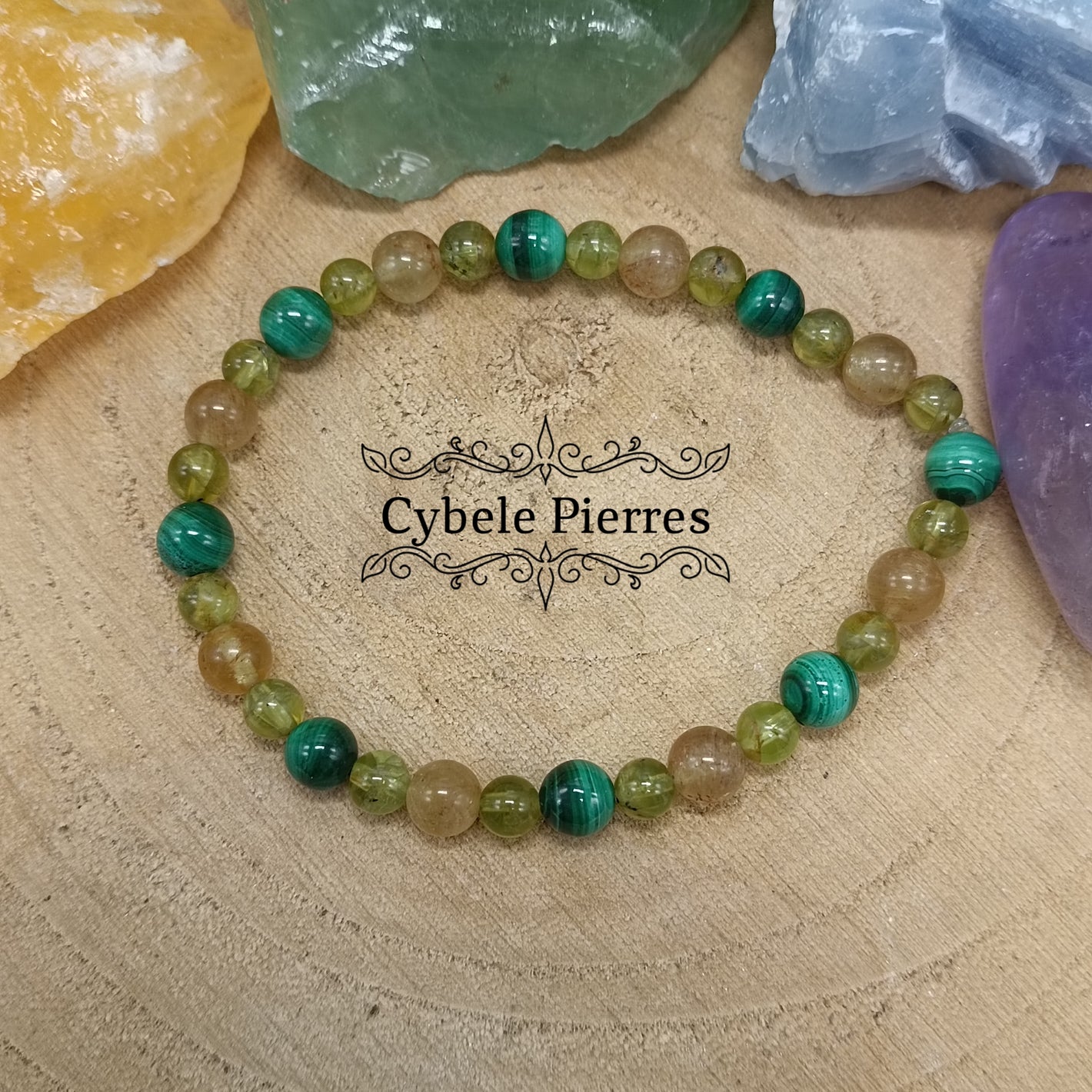 Bracelet Apprentissage :Péridot, Apatite jaune et Malachite (4 et 6mm) - 18cm