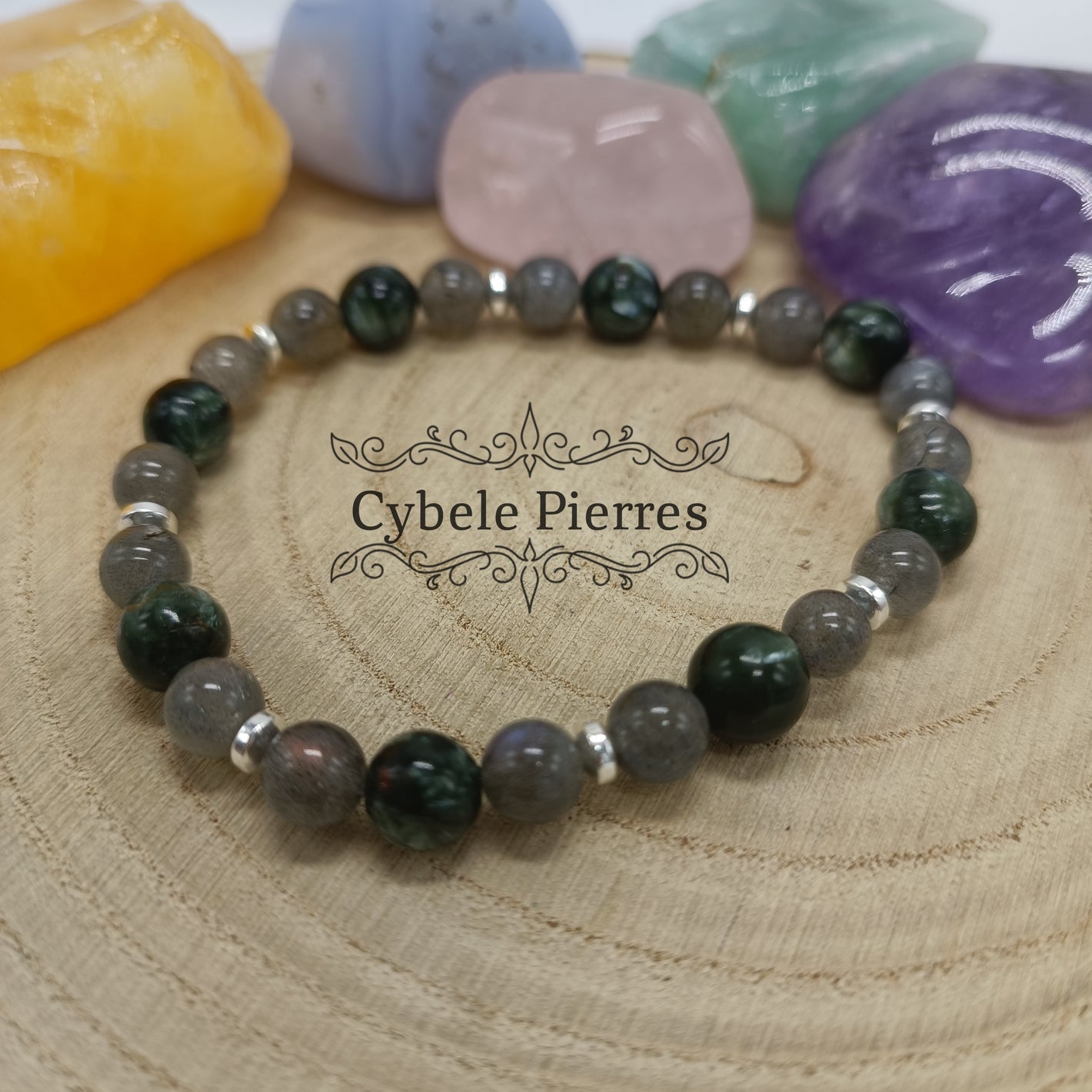 Bracelet Félicité : Séraphinite et Labradorite (6 et 8mm) - 18cm