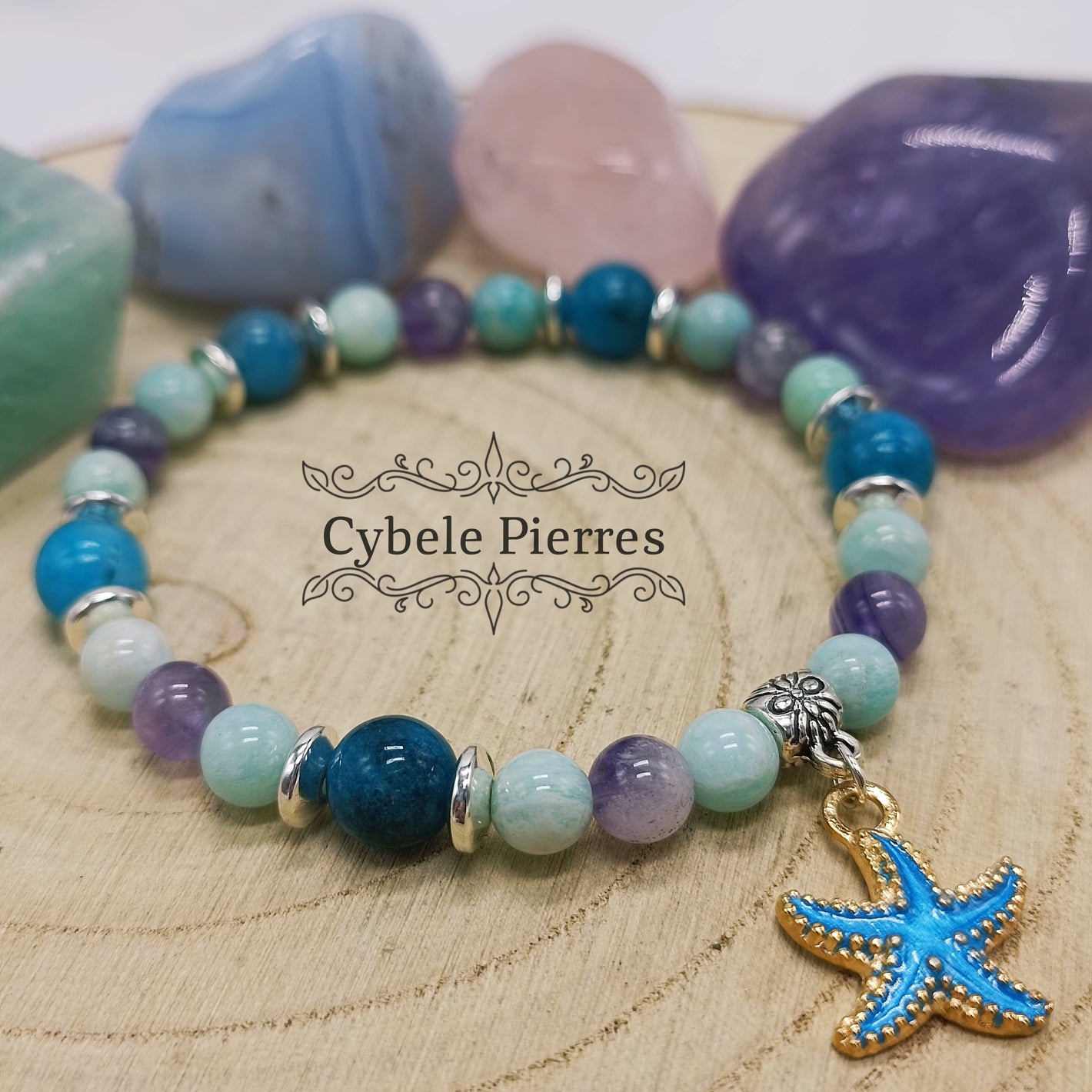 Bracelet "Summer" Bleu- Apatite bleue, Améthyste et Amazonite (8mm et 6mm) - 18cm