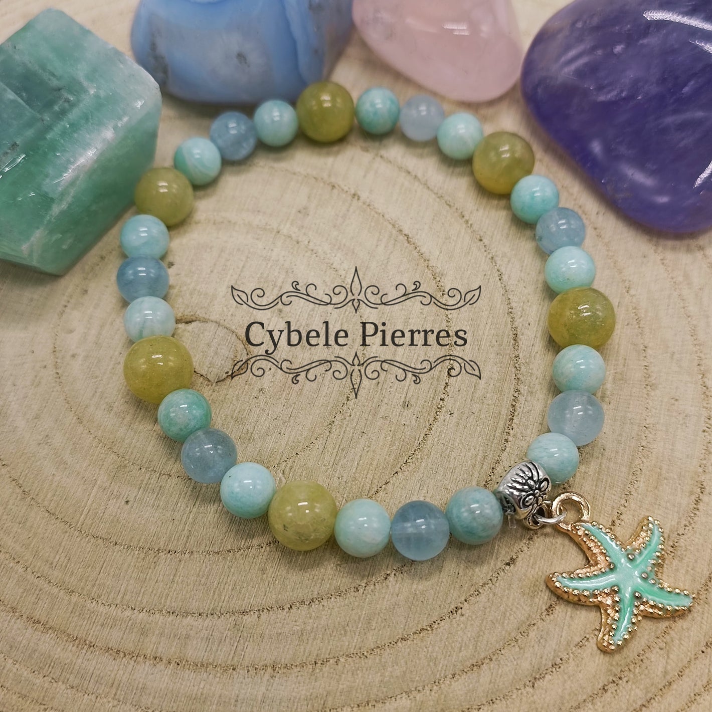 Bracelet "Summer" vert - Héliodore, Amazonite et Aigue-marine (8mm et 6mm) - 18cm