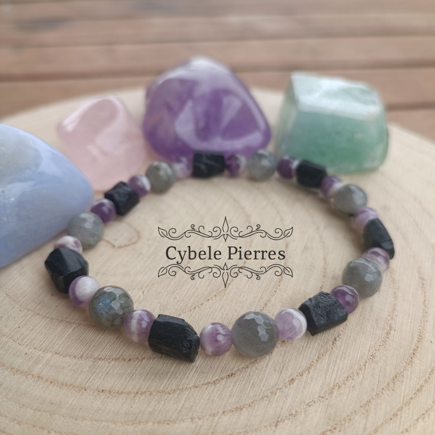 Bracelet Super protection - Tourmaline, Améthyste et Labradorite (10mm et 8mm ) - 18cm