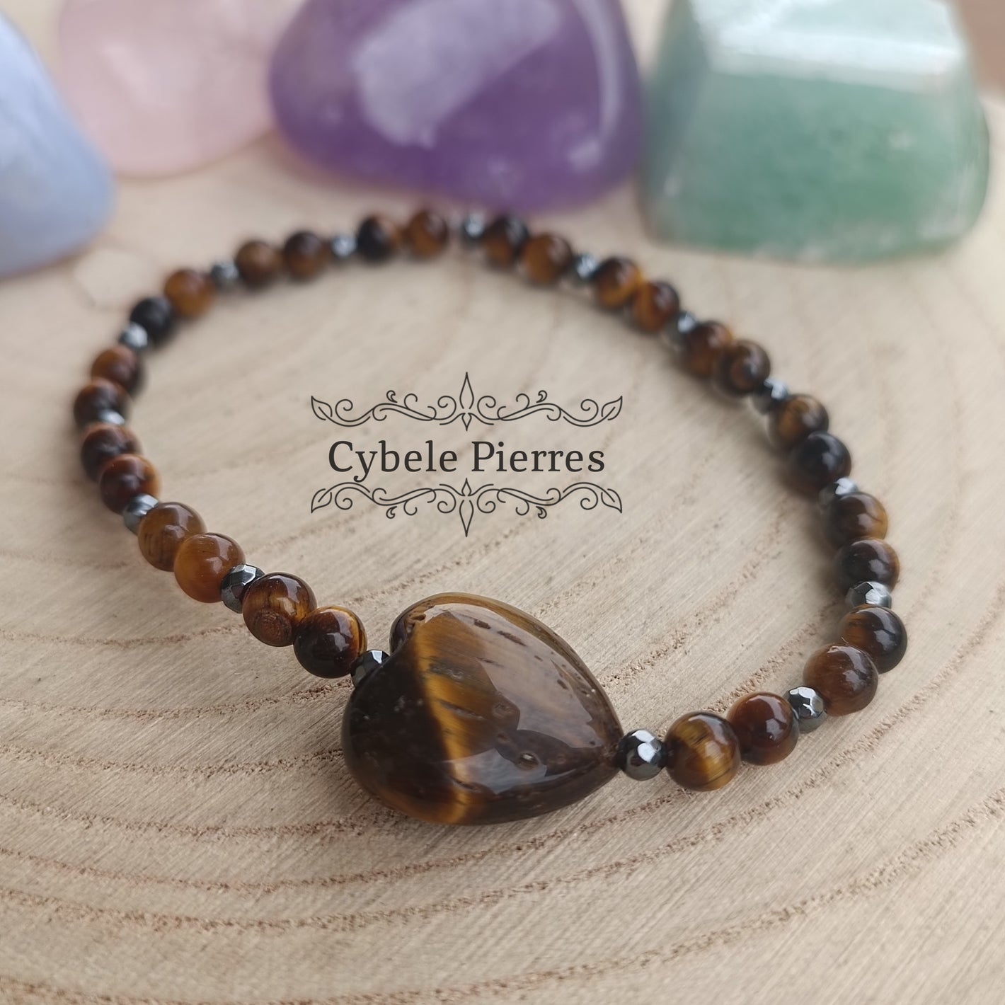 Bracelet Bravoure - Oeil de tigre  (Coeur de 15mm et 4mm) - 18cm